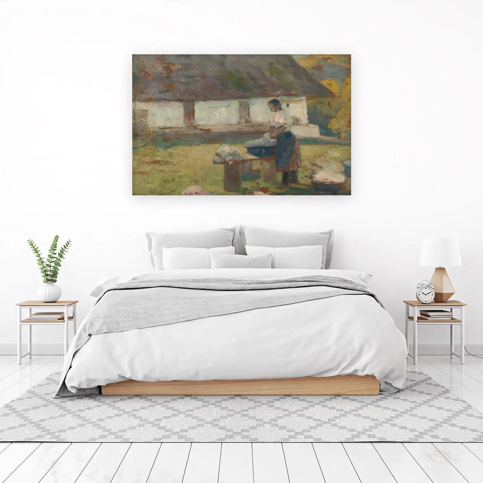 Serene Laundry Day Landscape Oil Painting Wall Art
