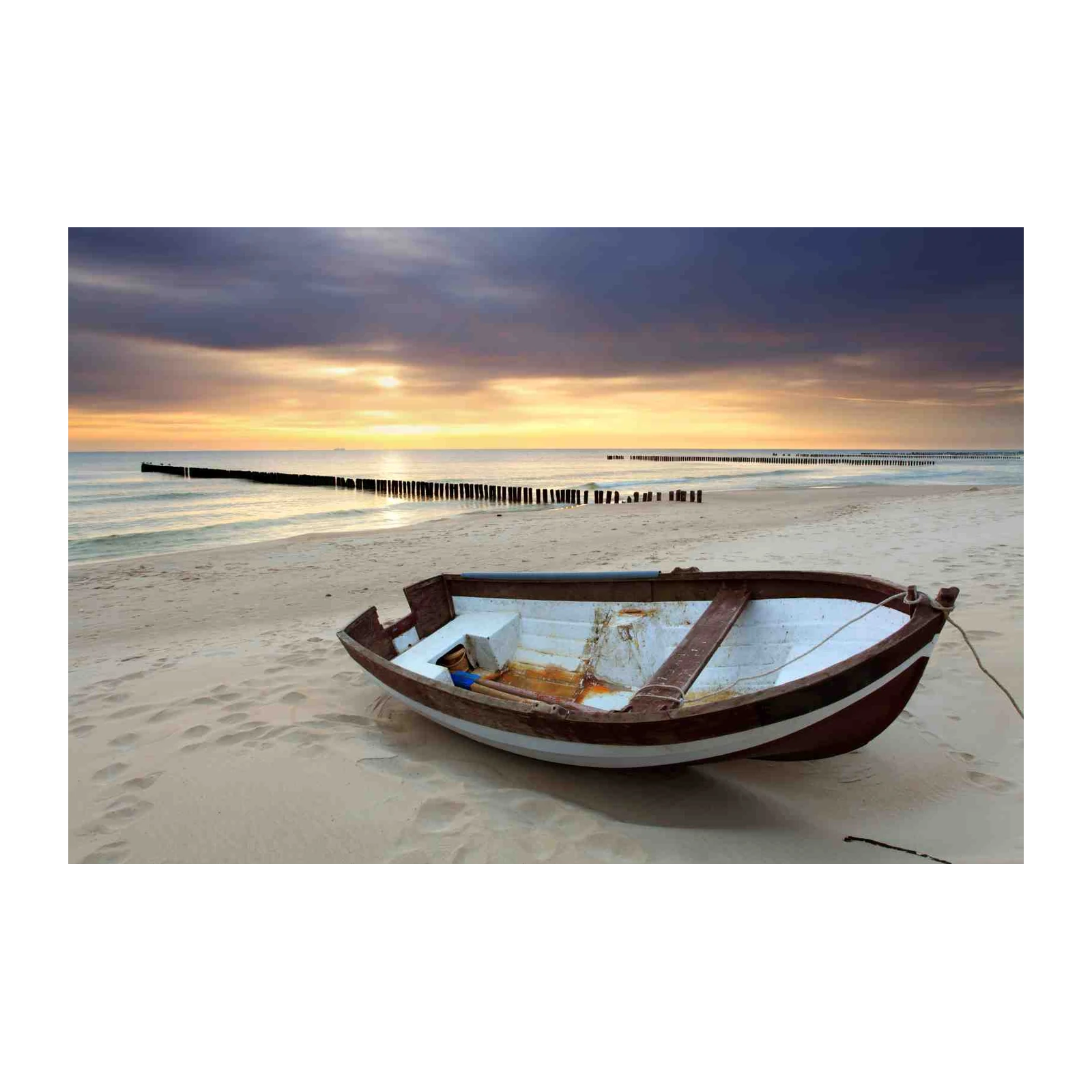 Tranquil Beach Boat Sunset Wall Art
