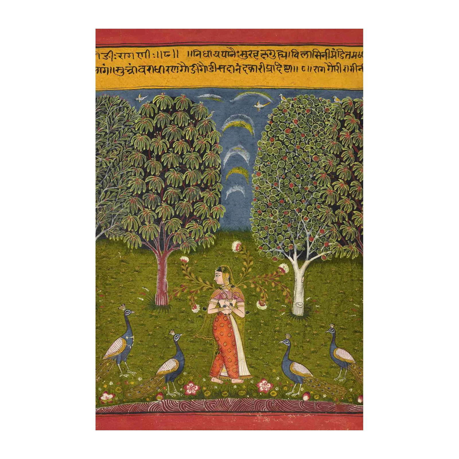 Indian Miniature Lady & Peacocks Wall Art