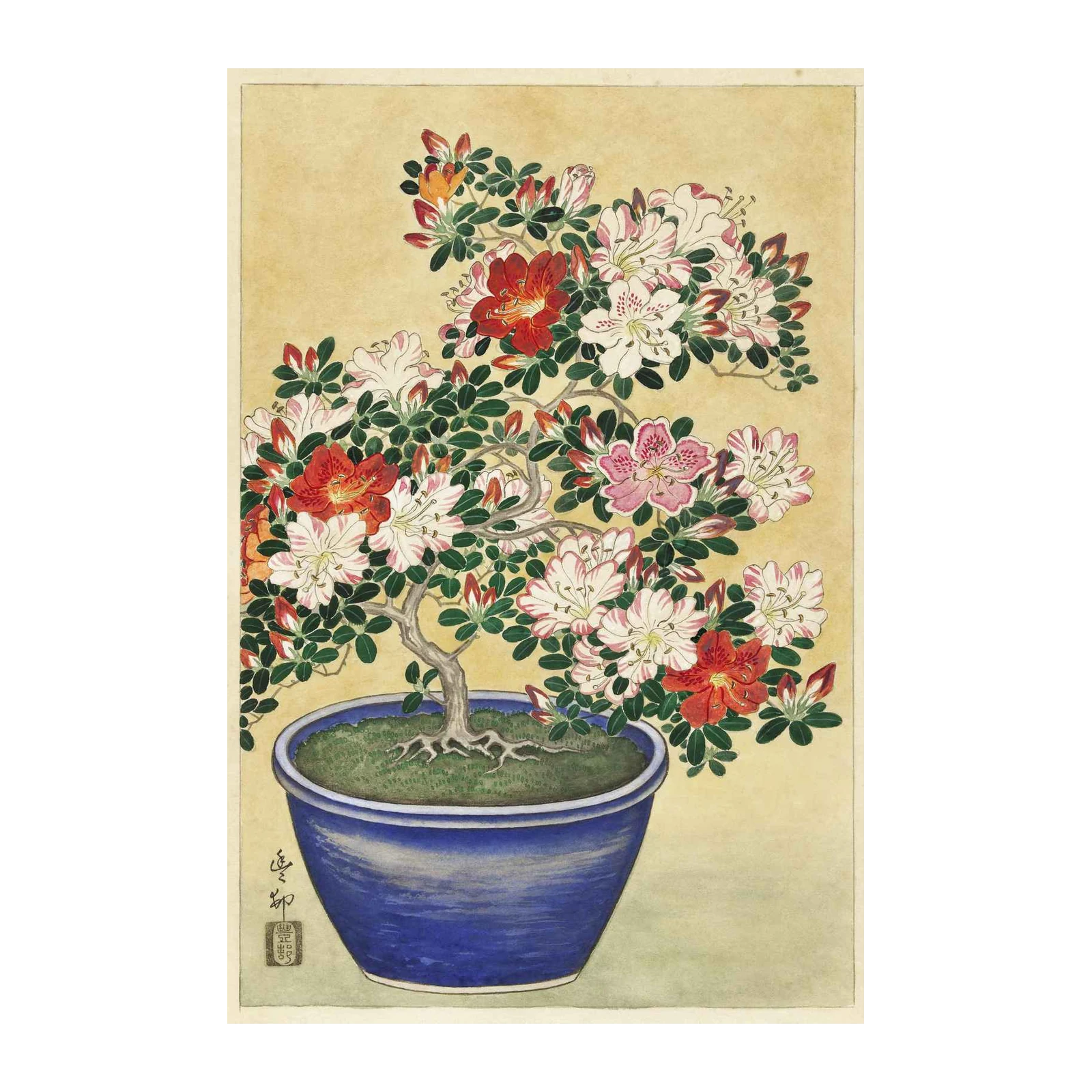 Vibrant Azalea Bonsai Japanese Art Wall Art