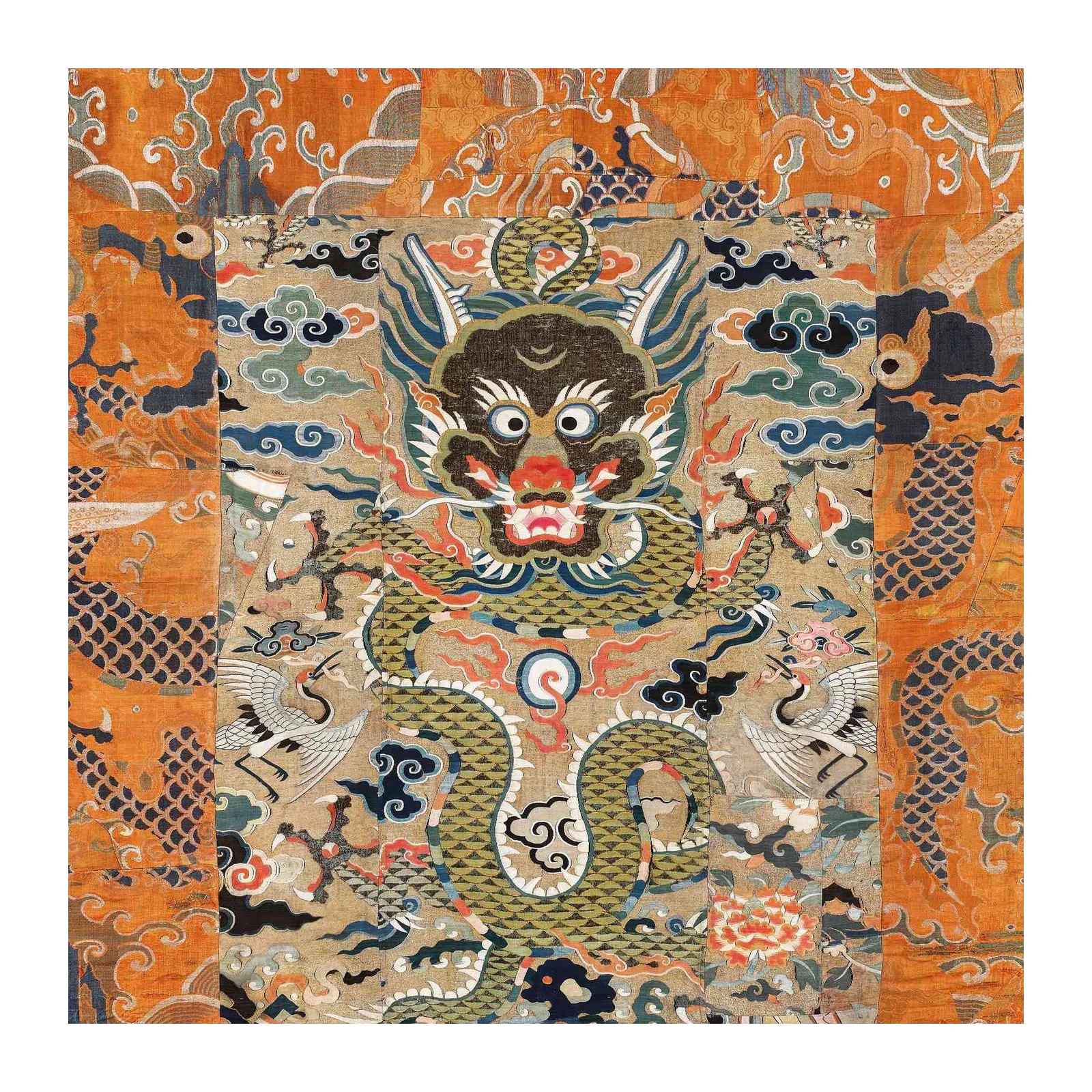 Mythical Dragon & Crane Silk Tapestry Wall Art