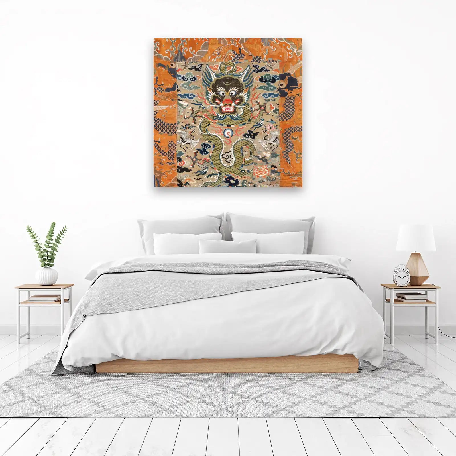 Mythical Dragon & Crane Silk Tapestry Wall Art