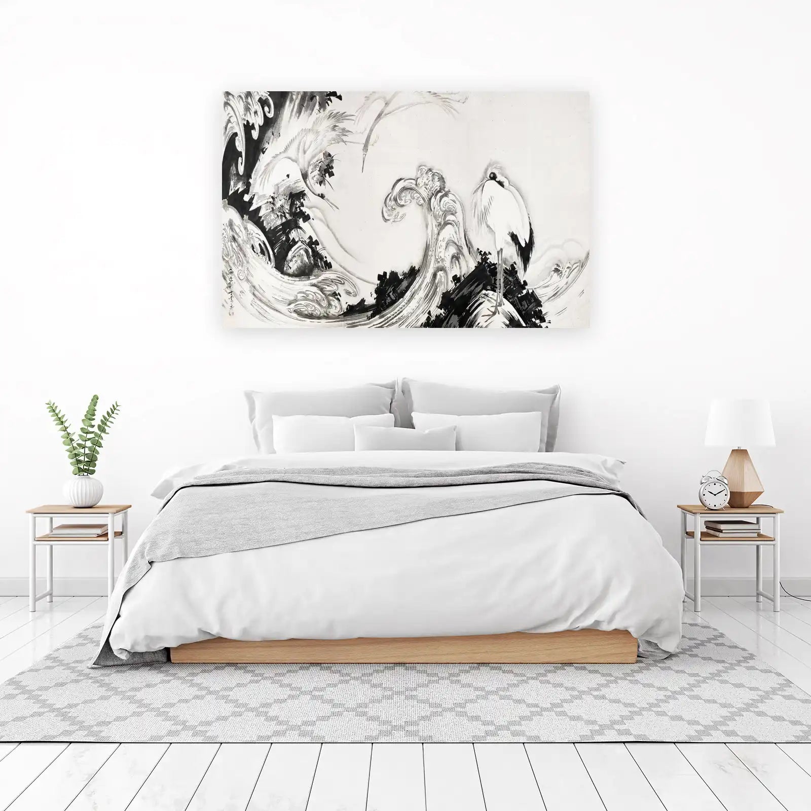 Serene Cranes & Waves Ink Wash Wall Art