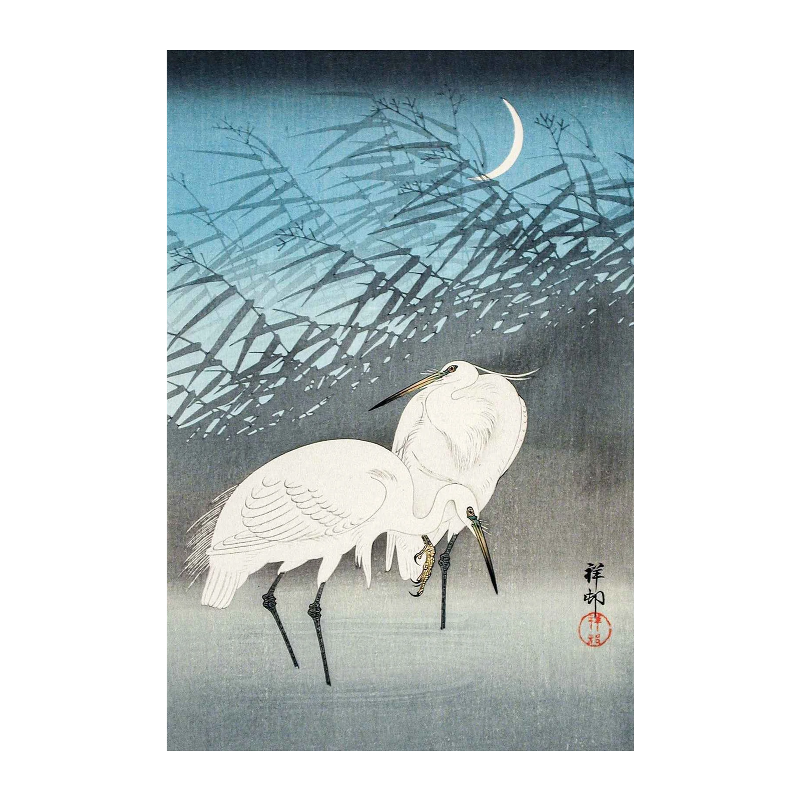 Serene Moonlight Egrets Japanese Art Wall Art