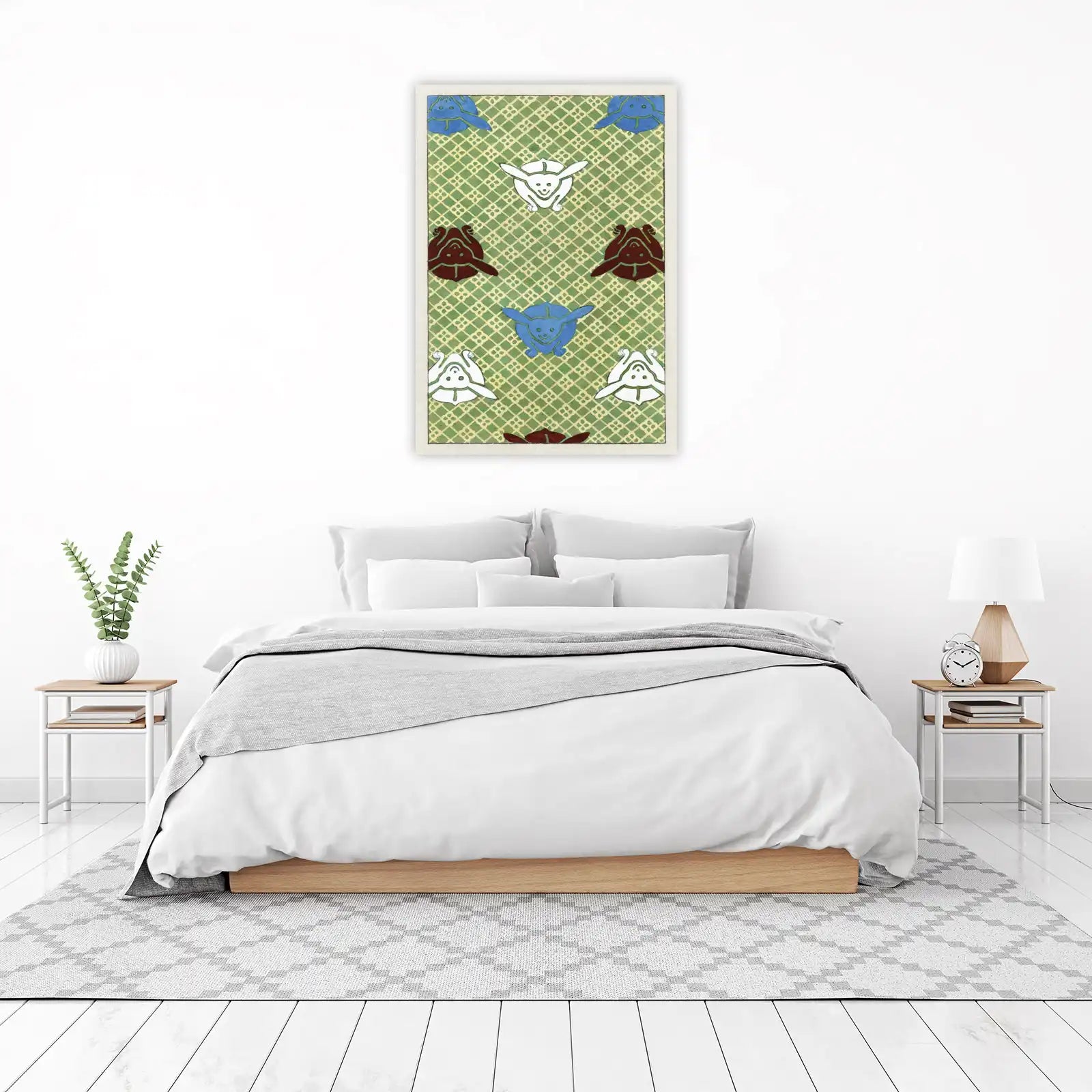 Whimsical Rabbit & Flower Green Geometric Wall Art