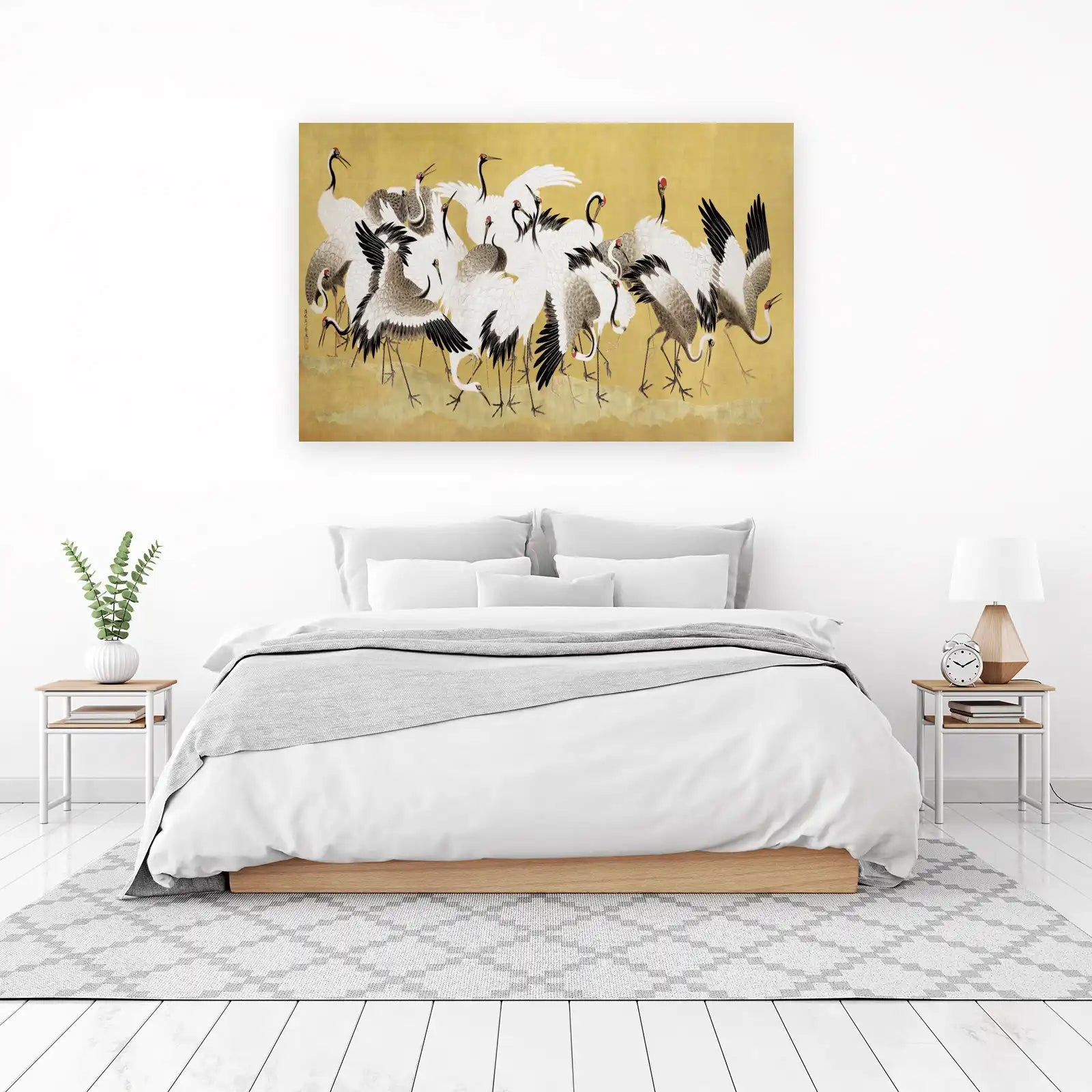 Elegant Crane Flock Gold Japanese Art Wall Art