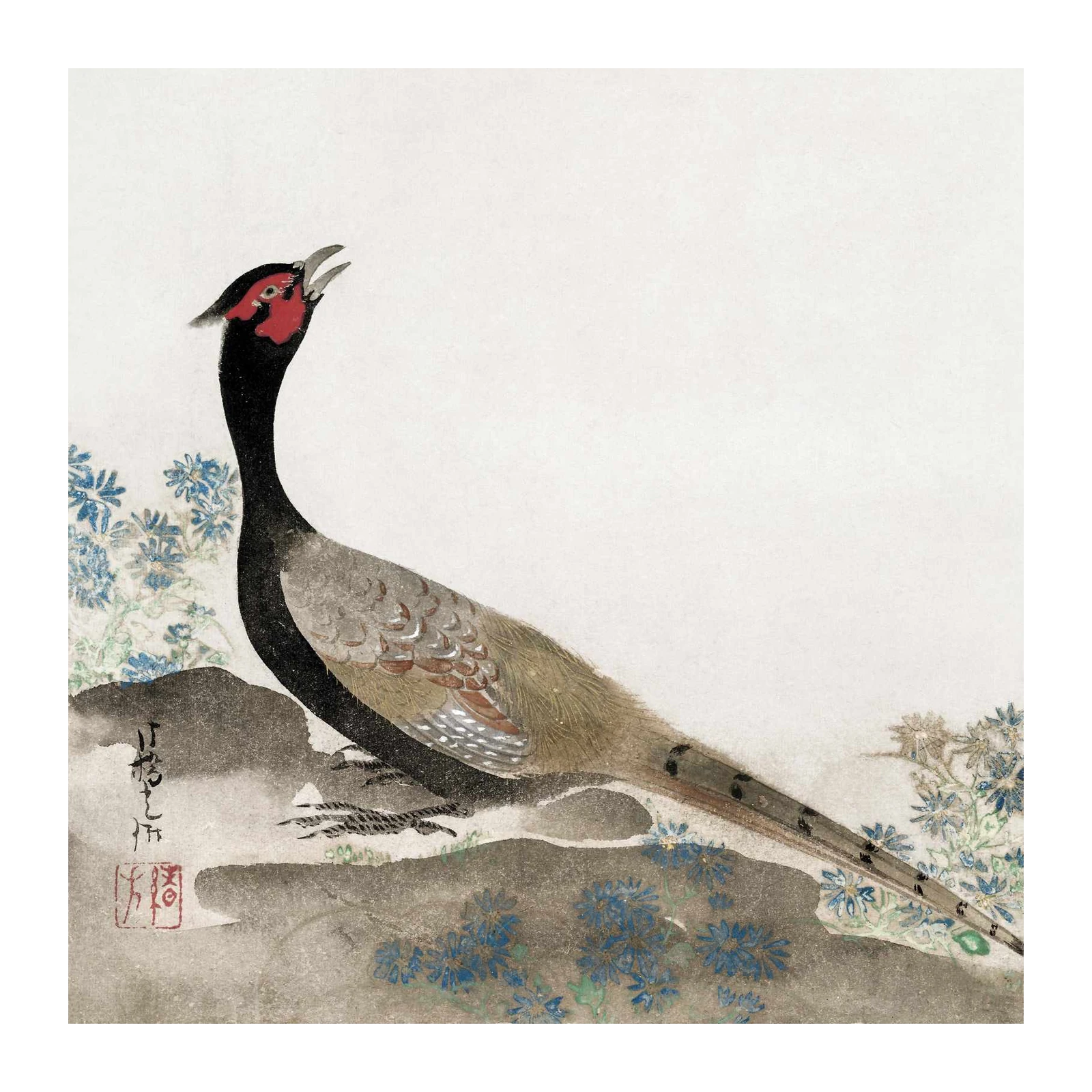 Elegant Pheasant Blue Flowers Japanese Art Wall Art