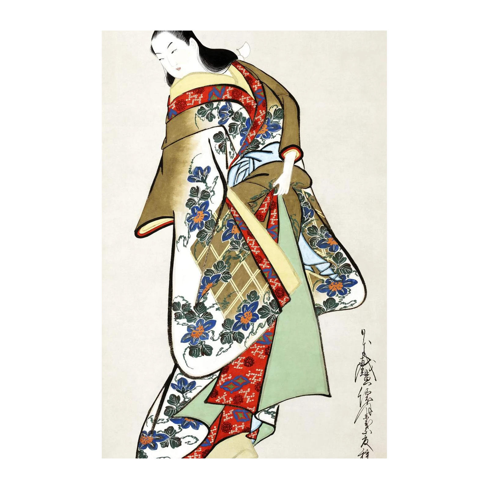 Elegant Geisha Blue Floral Kimono Wall Art