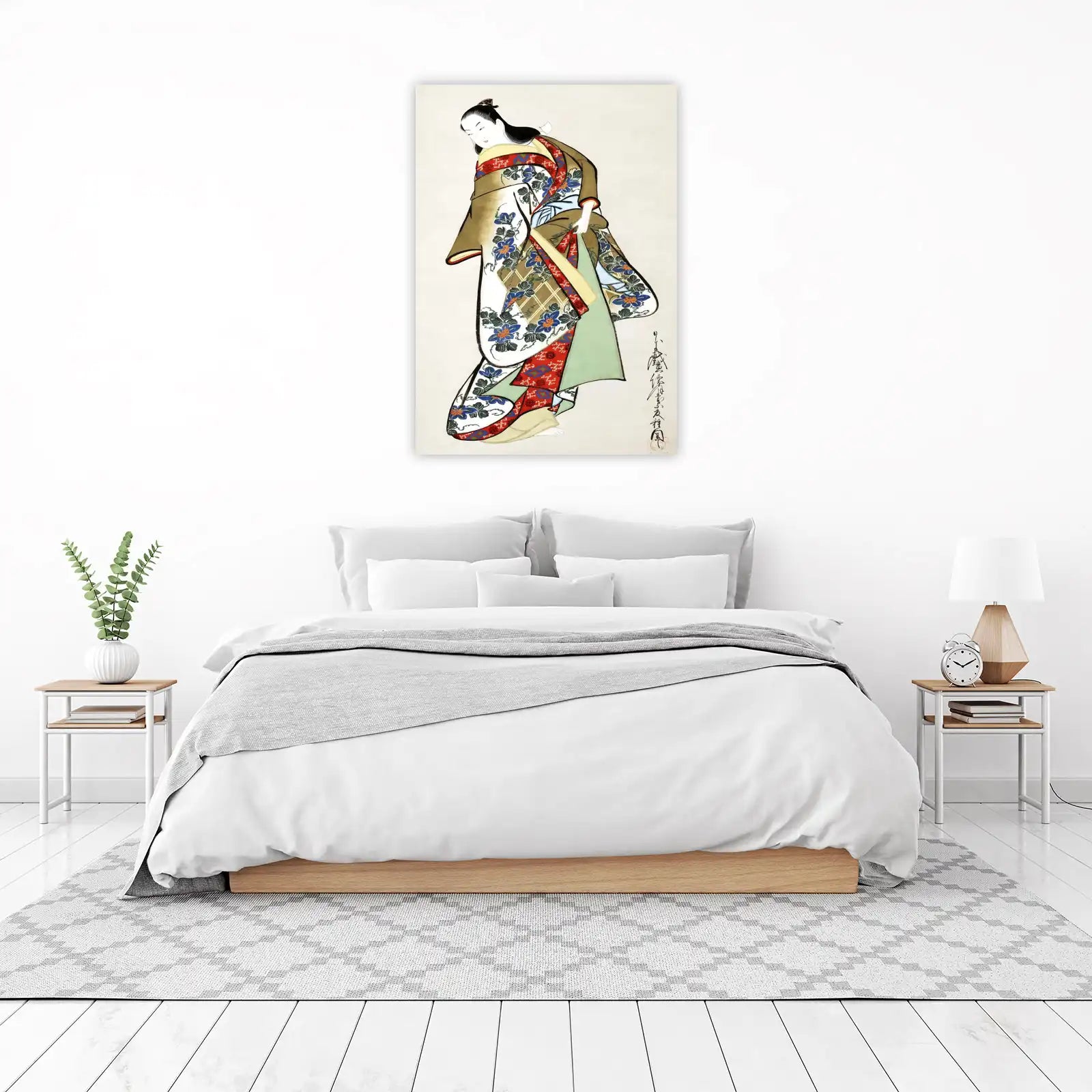 Elegant Geisha Blue Floral Kimono Wall Art