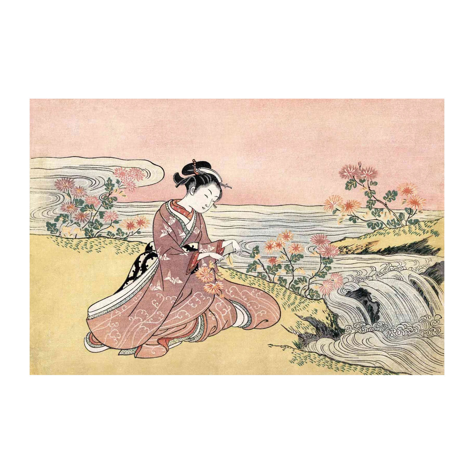 Serene Geisha Chrysanthemum Riverside Wall Art