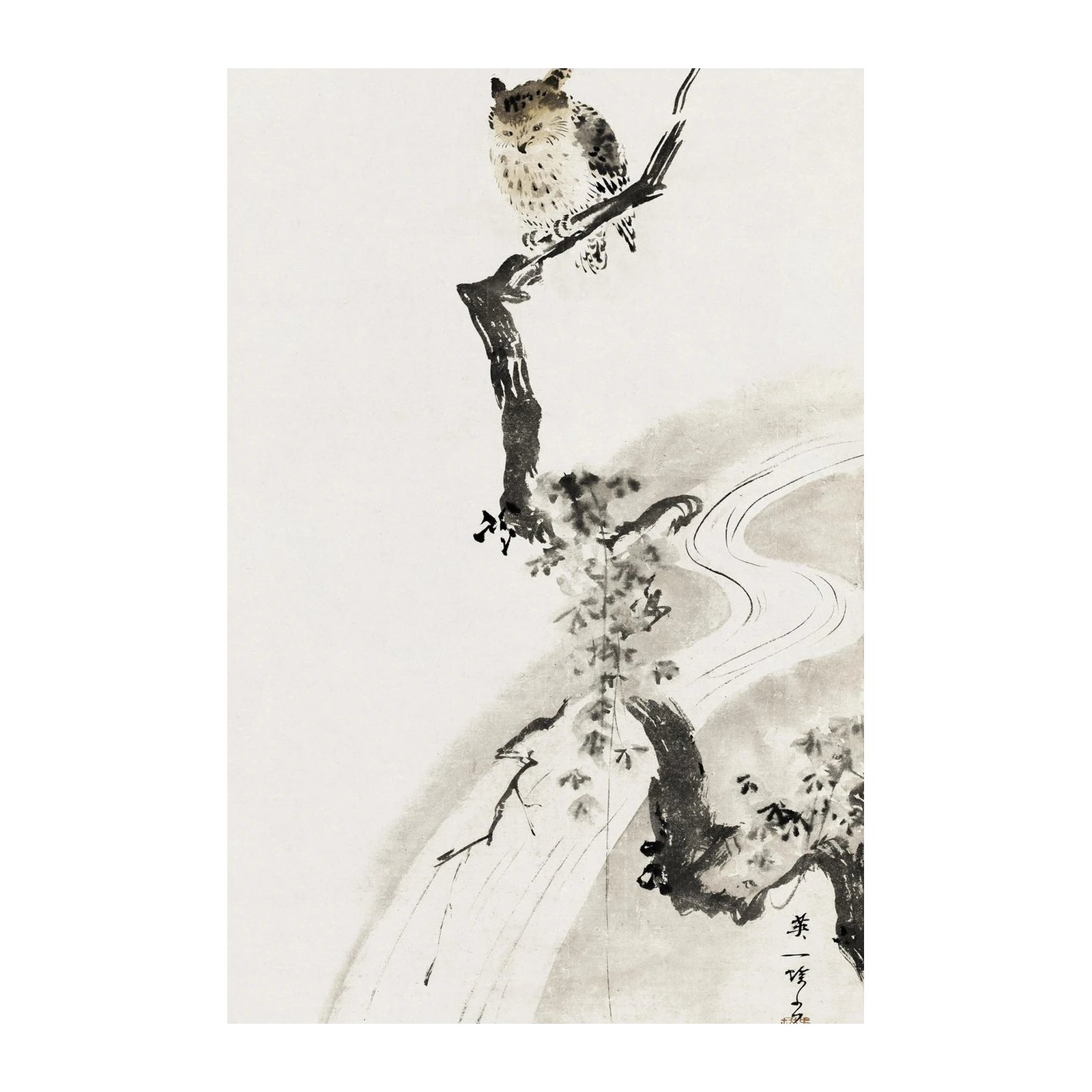 Serene Owl & Cherry Blossom Wall Art - Asian Art