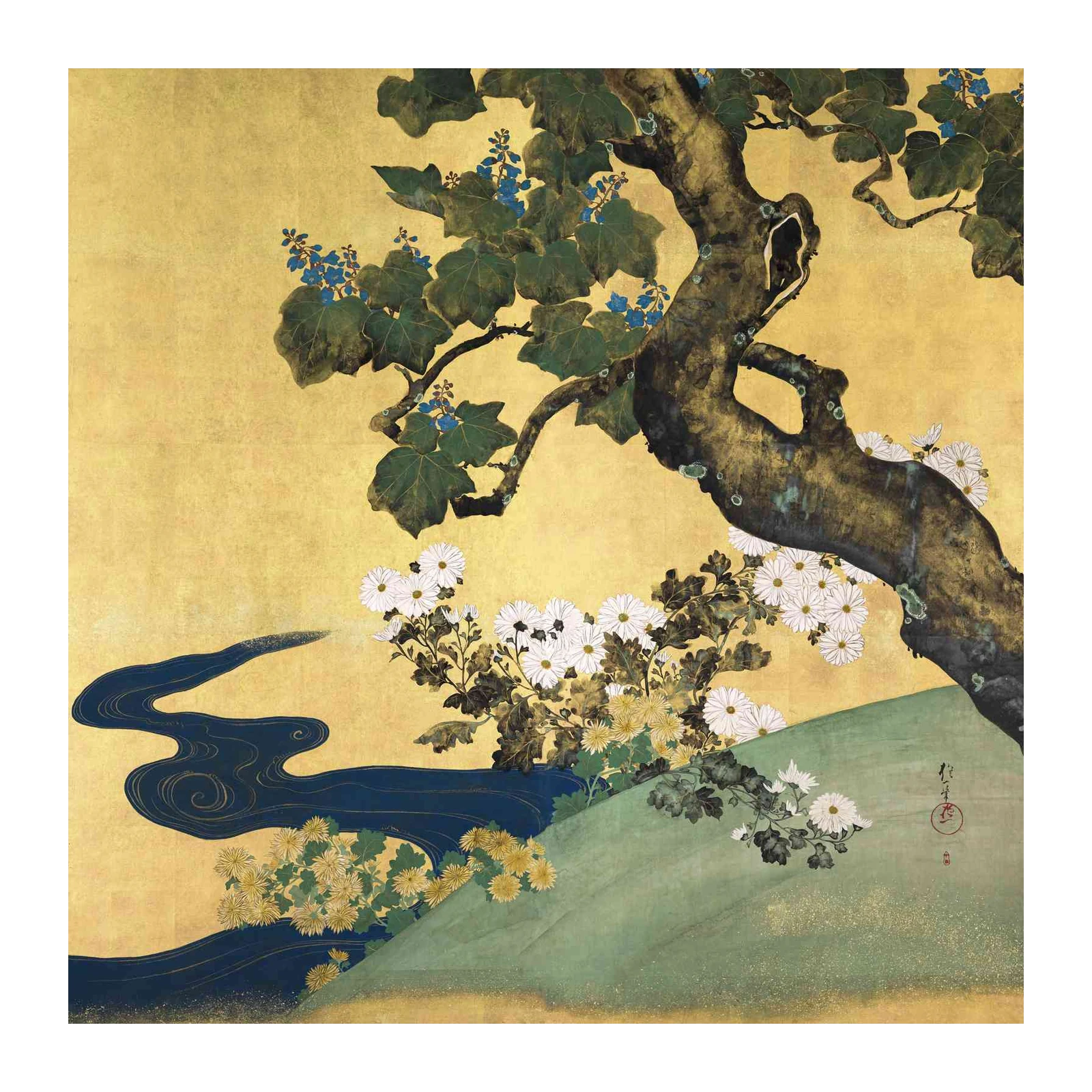 Golden Chrysanthemum & Willow Wall Art | Serene Japanese Art