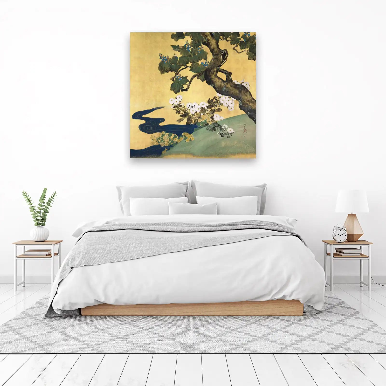 Golden Chrysanthemum & Willow Wall Art | Serene Japanese Art