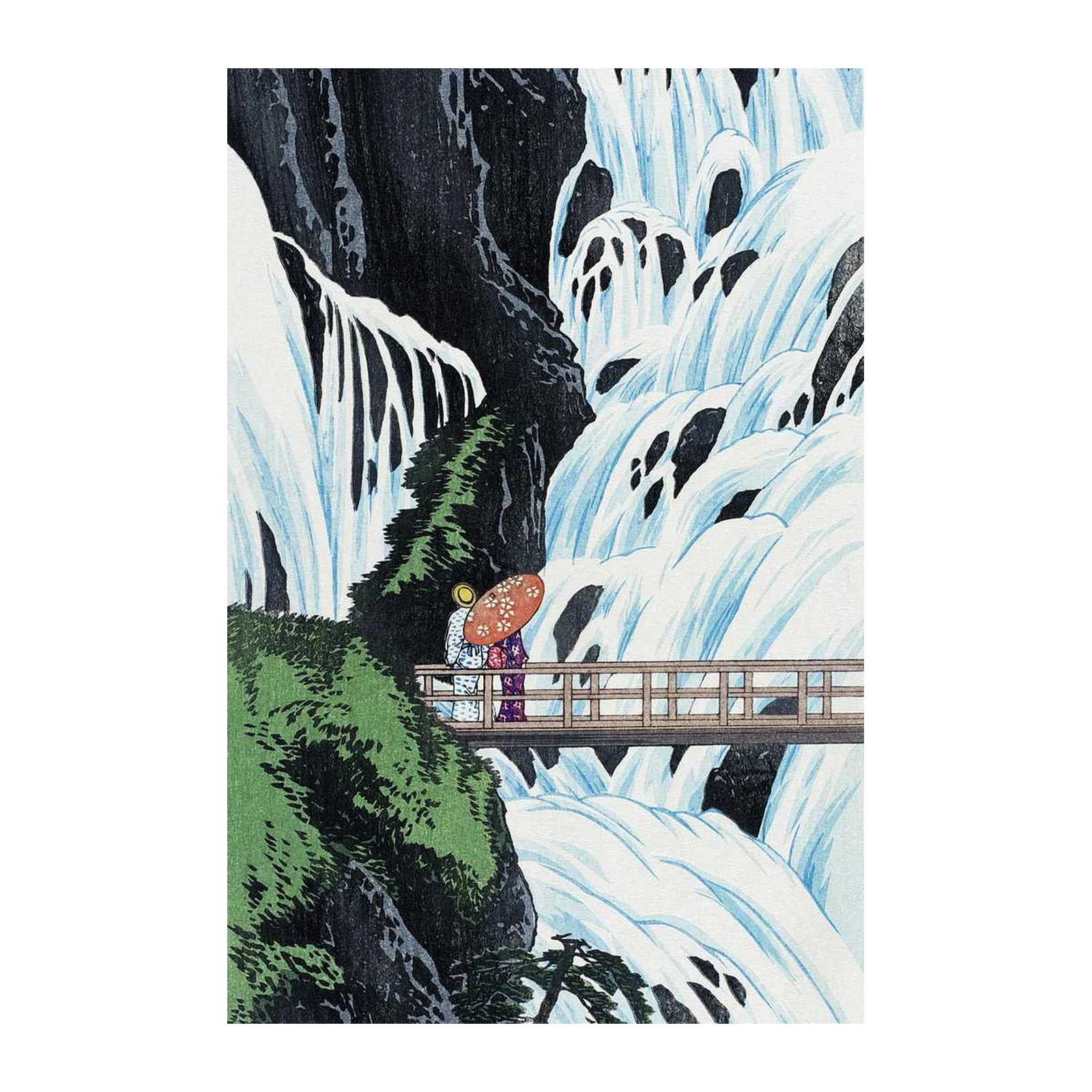 Serene Waterfall & Bridge Japanese Art Wall Art
