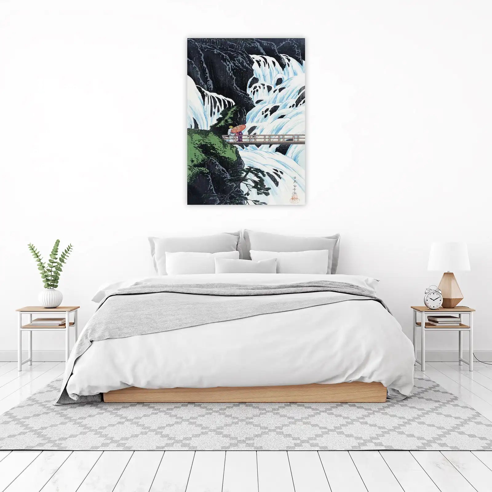 Serene Waterfall & Bridge Japanese Art Wall Art