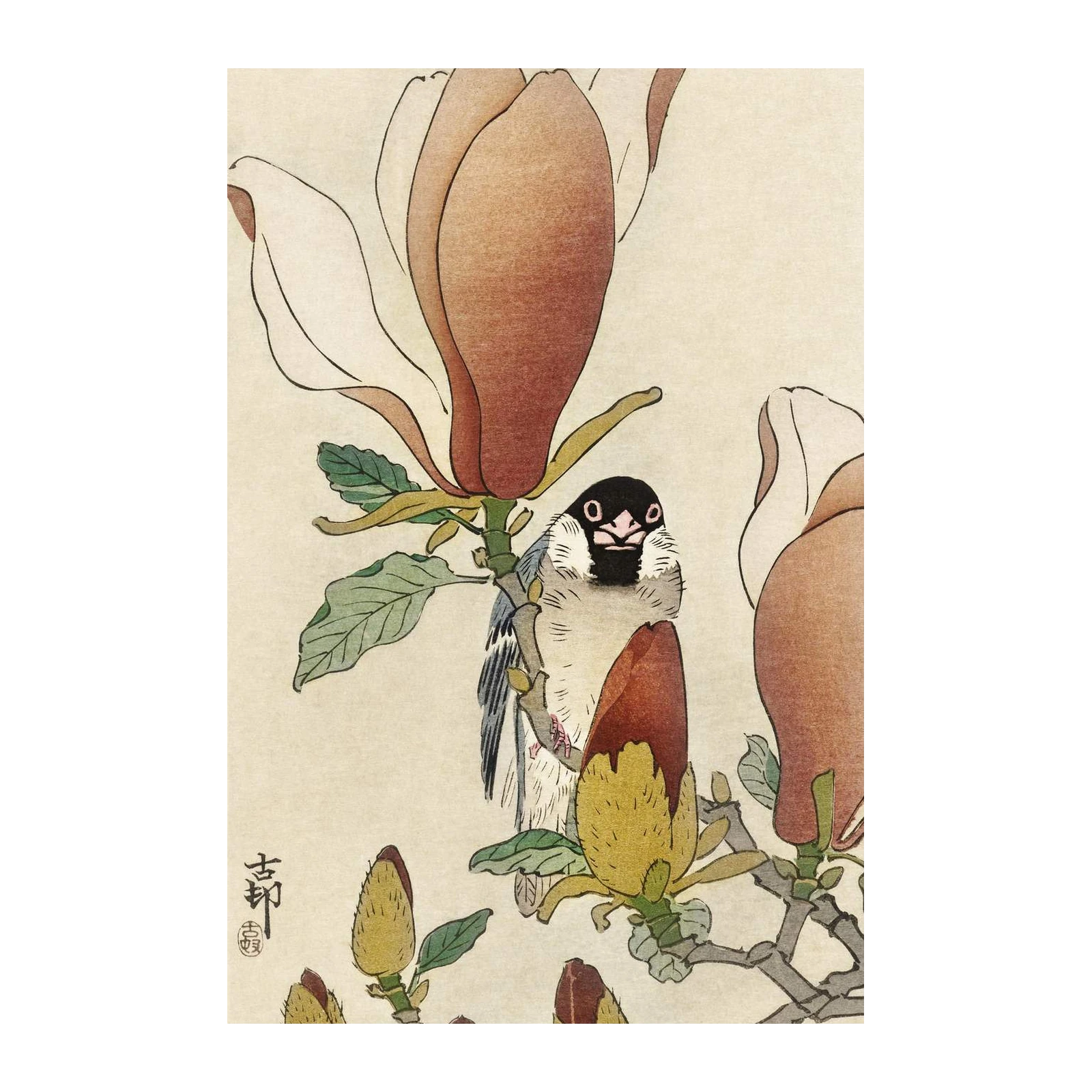 Bird on Magnolia Branch Japanese Art Wall Art