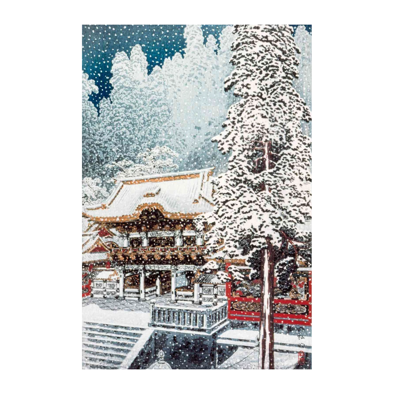 Serene Snowfall Japanese Temple Wall Art