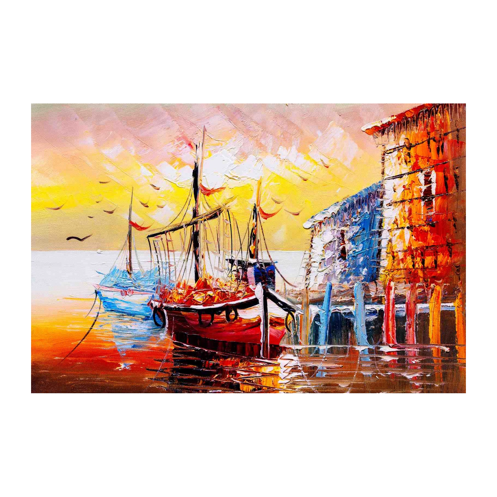 Vibrant Harbor Boats Impasto Oil Wall Art