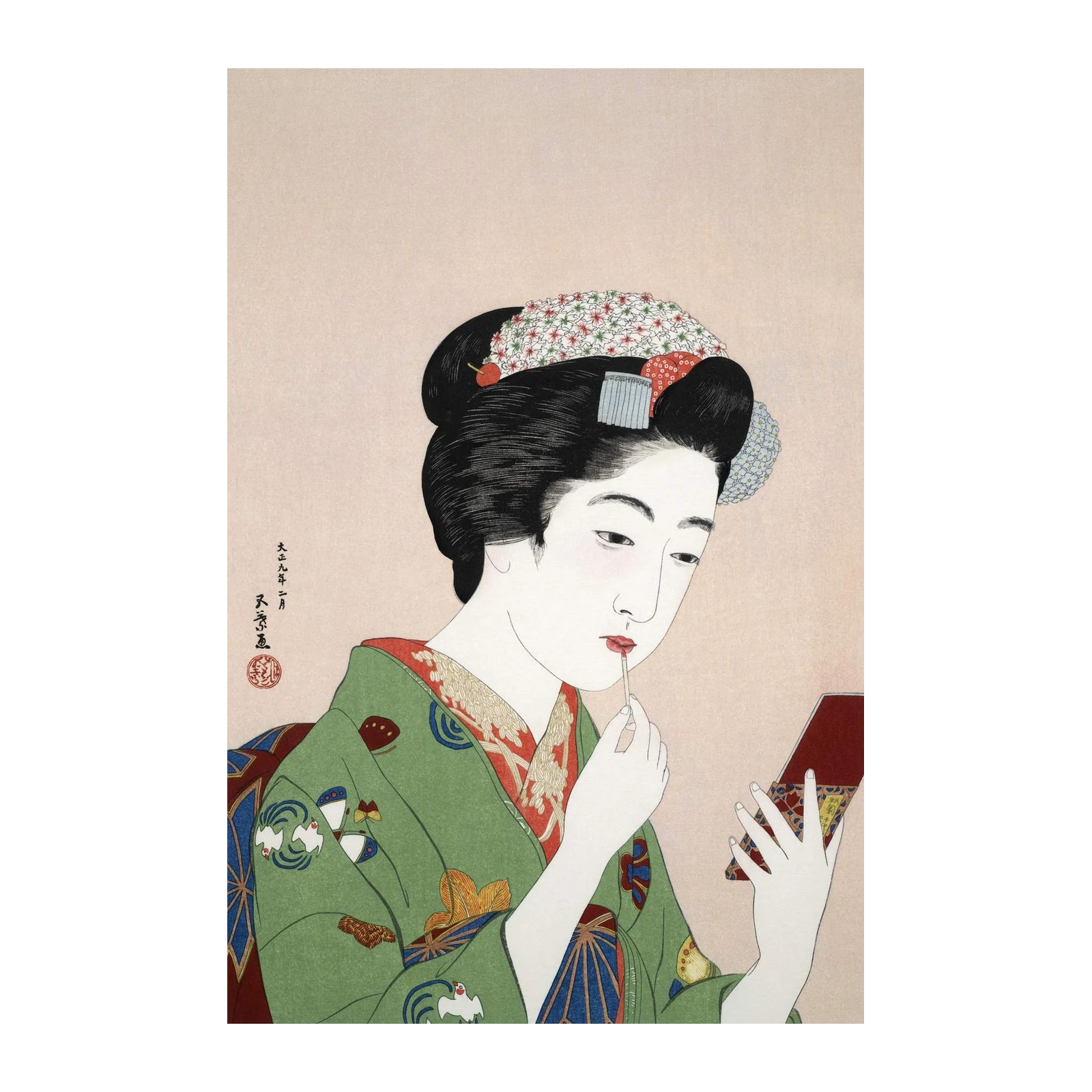 Elegant Geisha Applying Lipstick Japanese Art Wall Art