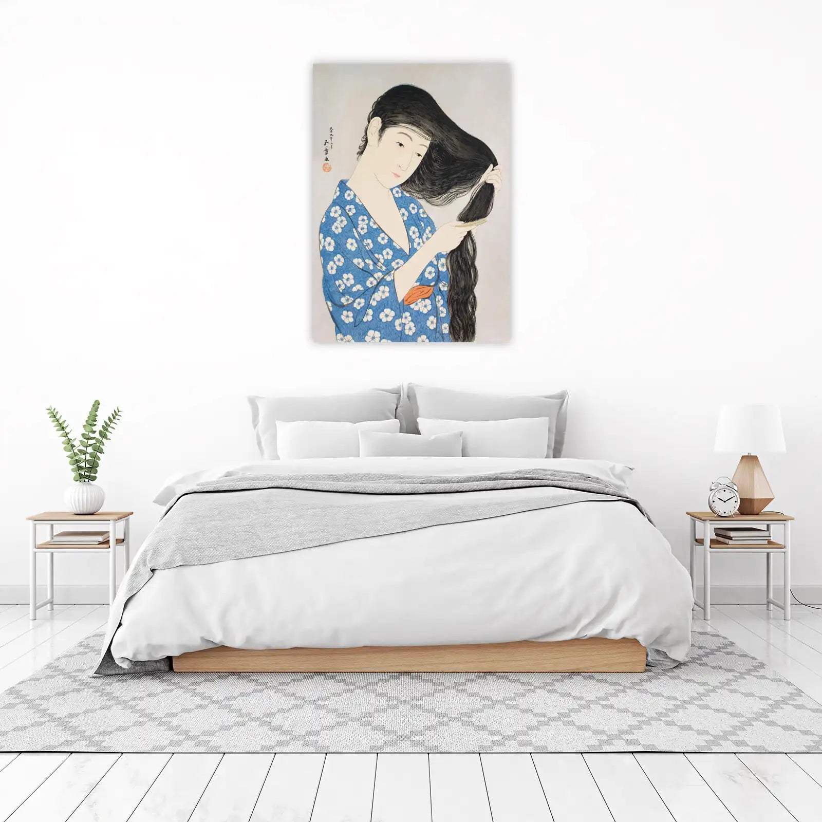 Blue Floral Kimono Woman Hair Comb Wall Art
