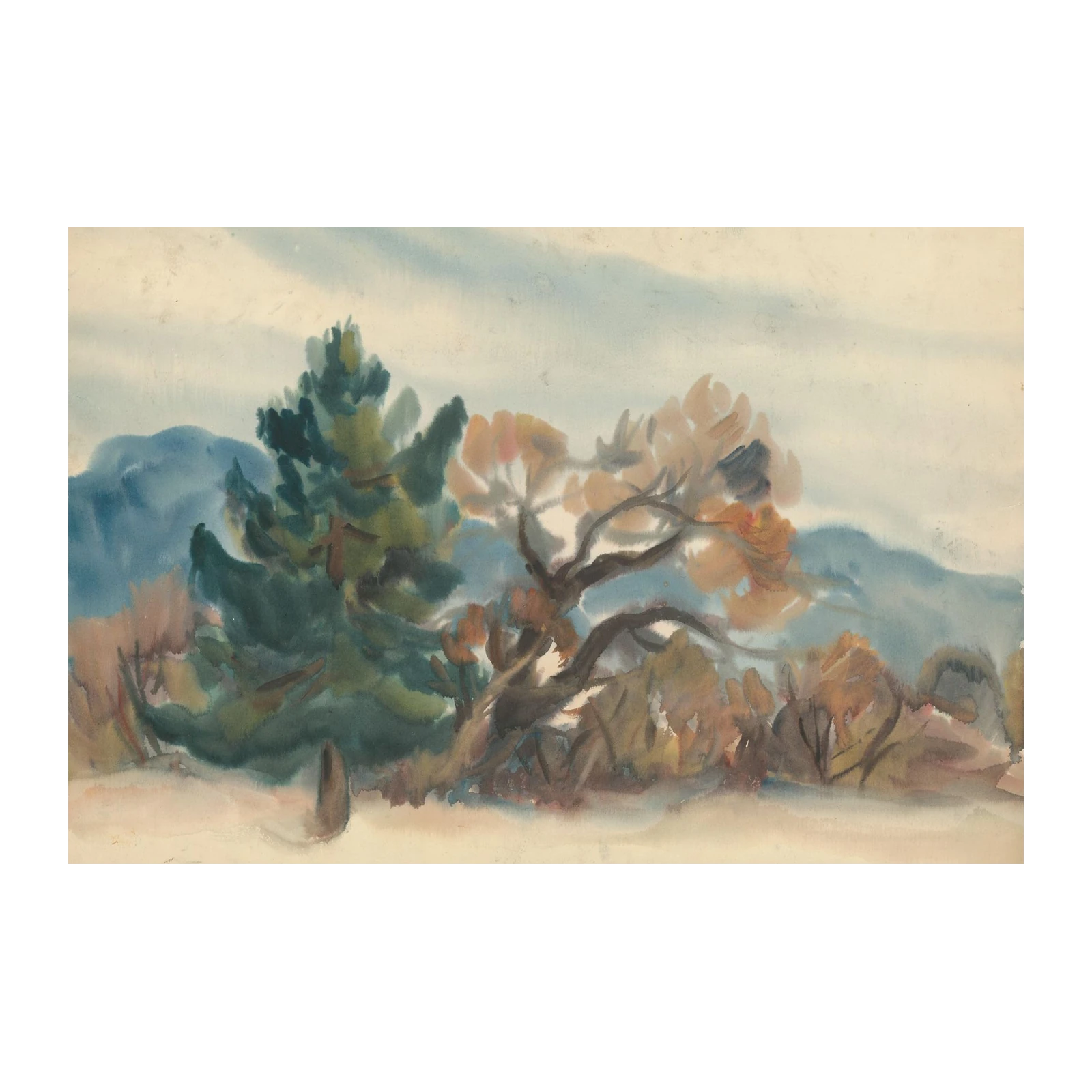 Misty Mountain Landscape Watercolor Wall Art