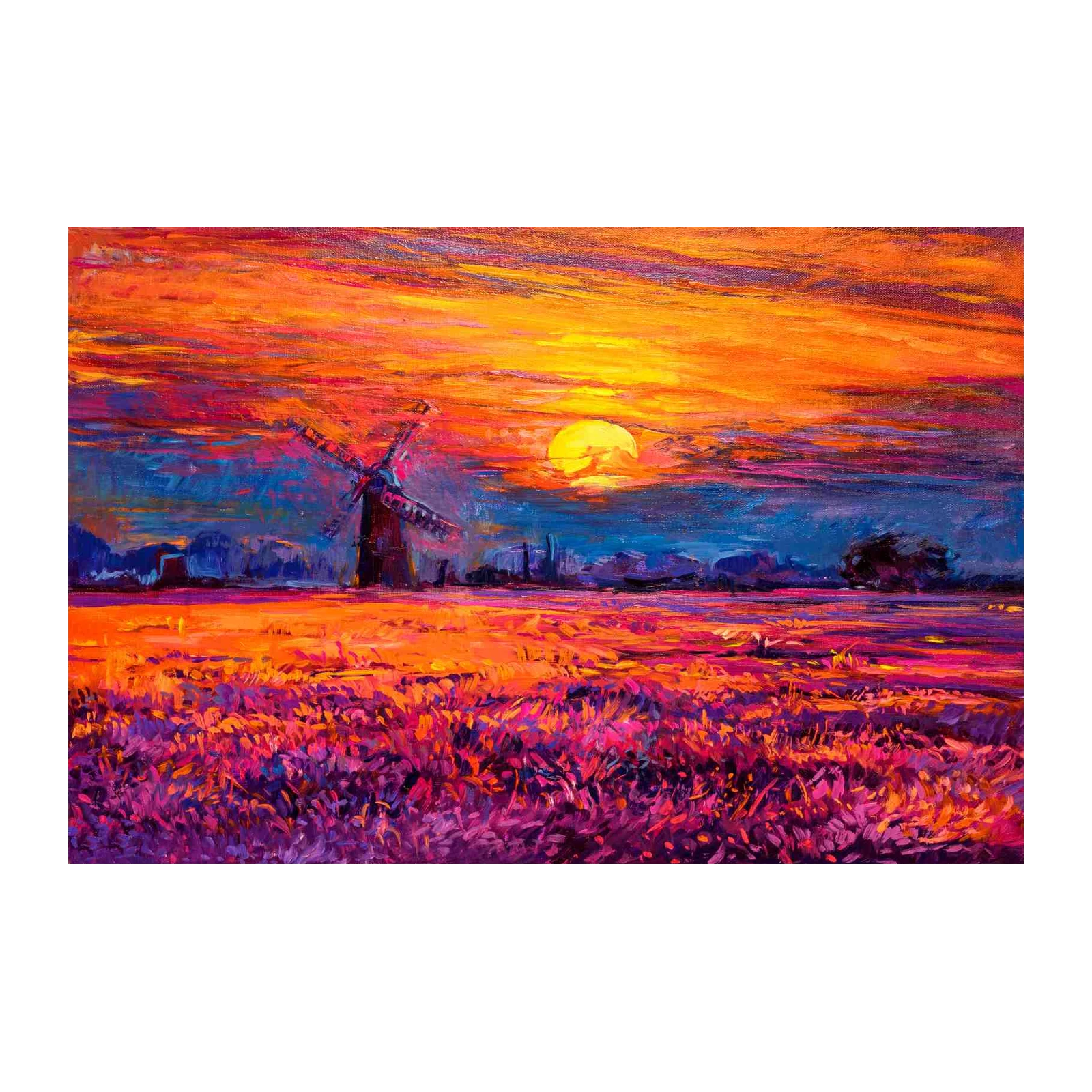 Vibrant Sunset Windmill Field Wall Art