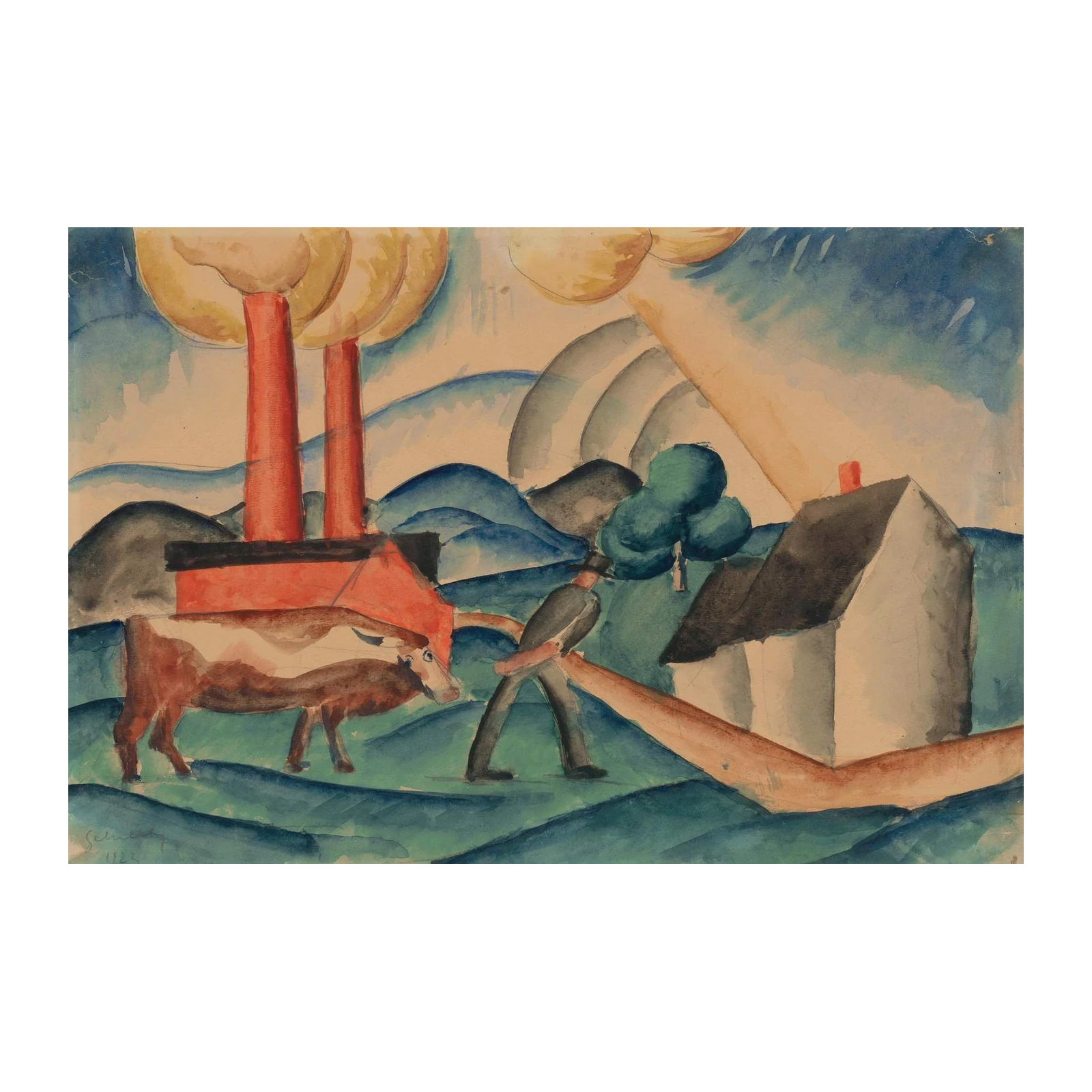 Abstract Farm Scene with Cow Wall Art