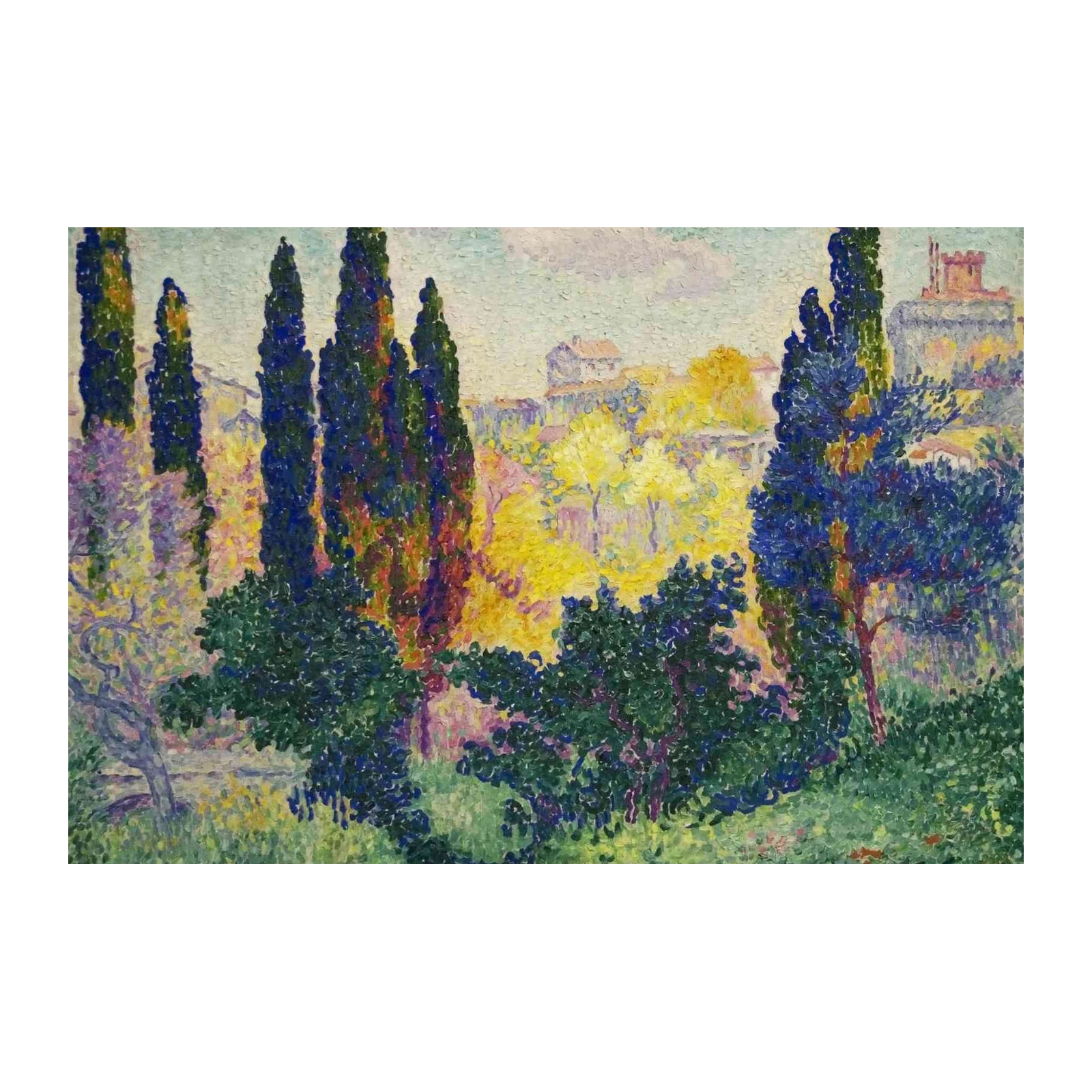 Pointillist Cypress Landscape Wall Art