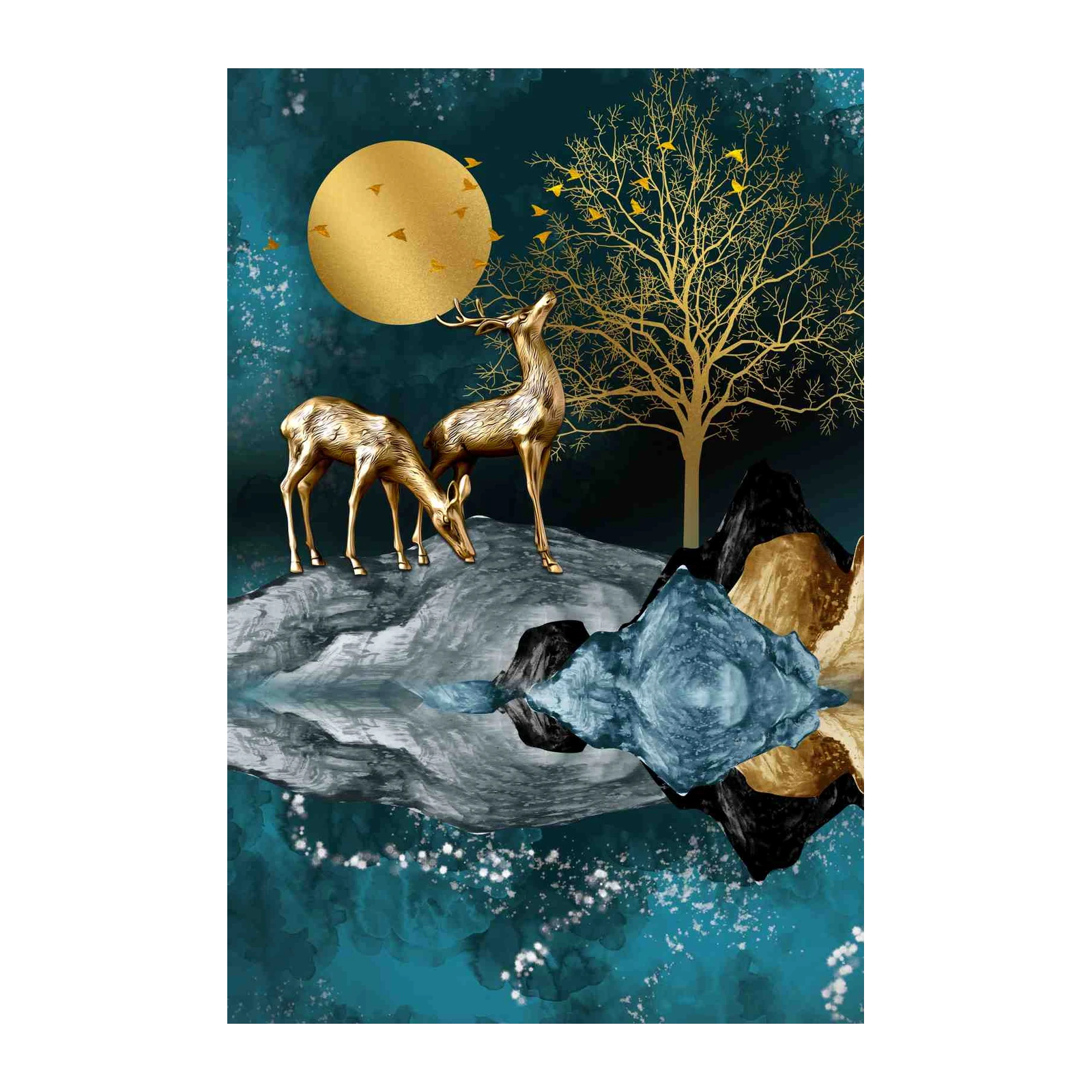 Golden Deer Serenity Landscape Wall Art