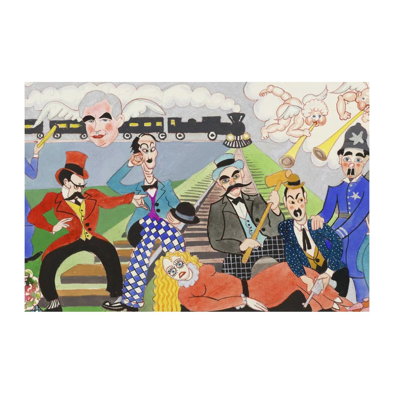 Whimsical Train Scene with Angels Wall Art