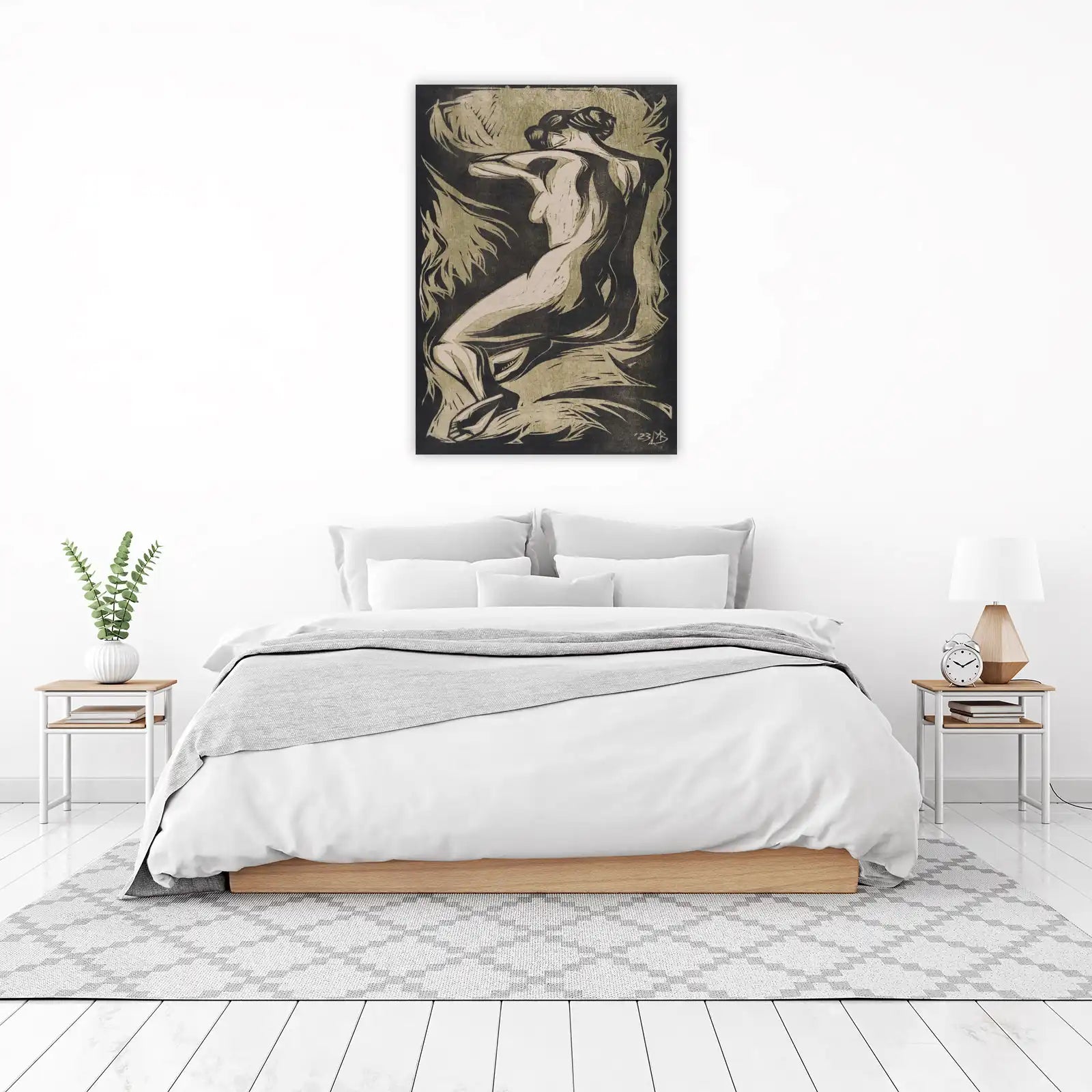 Expressive Nude Woman Woodcut Wall Art