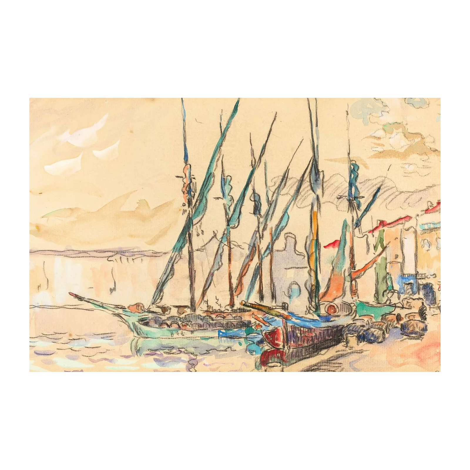 Boats in Harbor Expressive Watercolor Wall Art