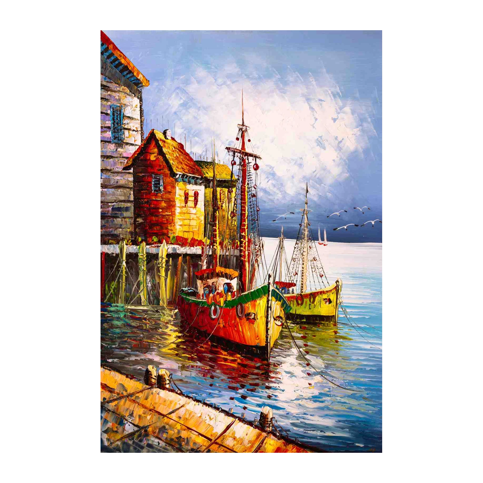 Vibrant Harbor Fishing Boats Textured Wall Art