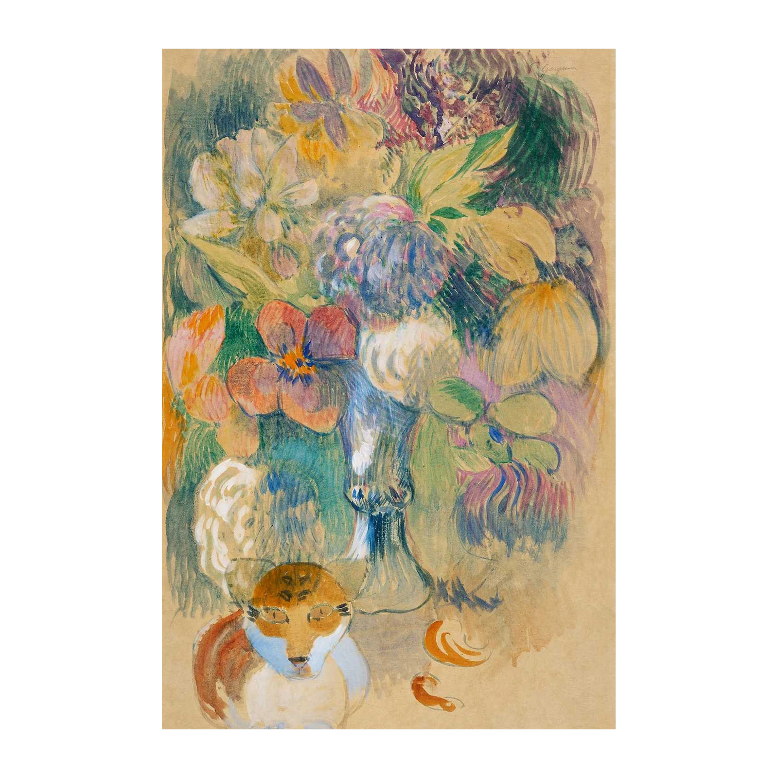 Vibrant Floral Bouquet with Cat Wall Art