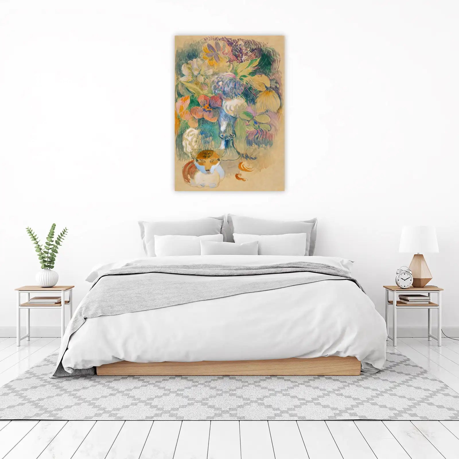Vibrant Floral Bouquet with Cat Wall Art