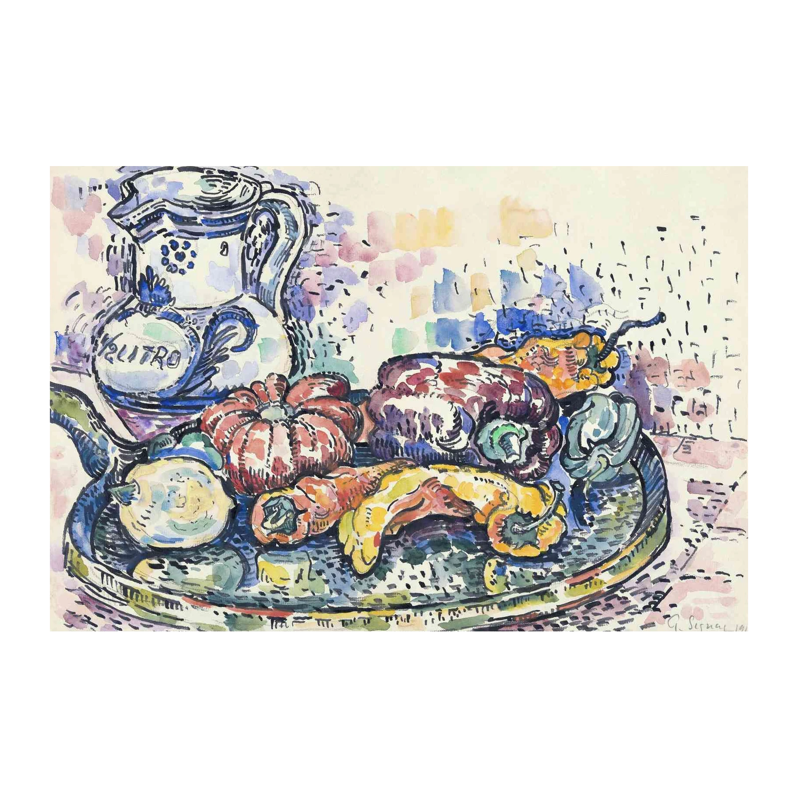 Vibrant Still Life Vegetable & Pitcher Wall Art