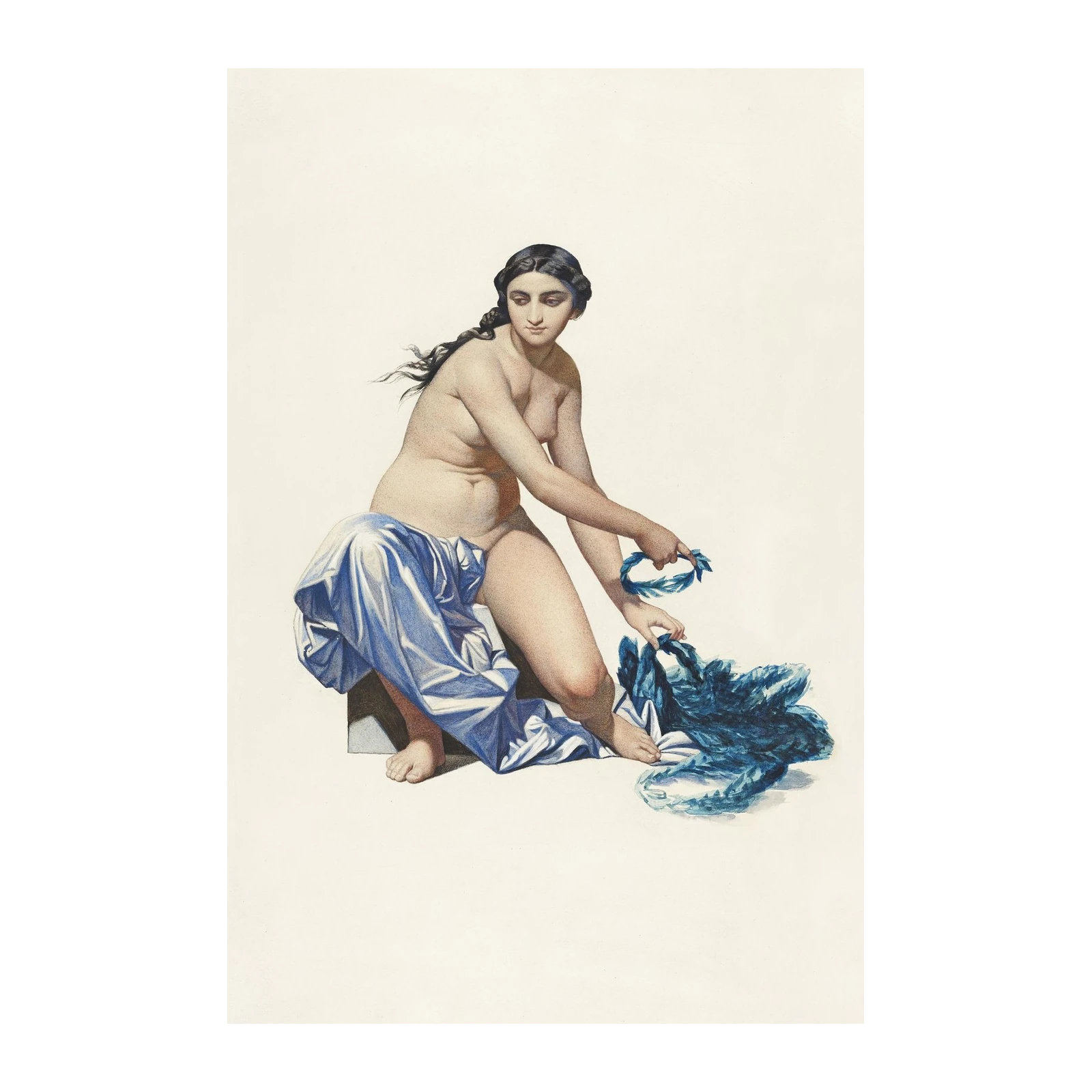 Elegant Nude Goddess Blue Drape Wall Art