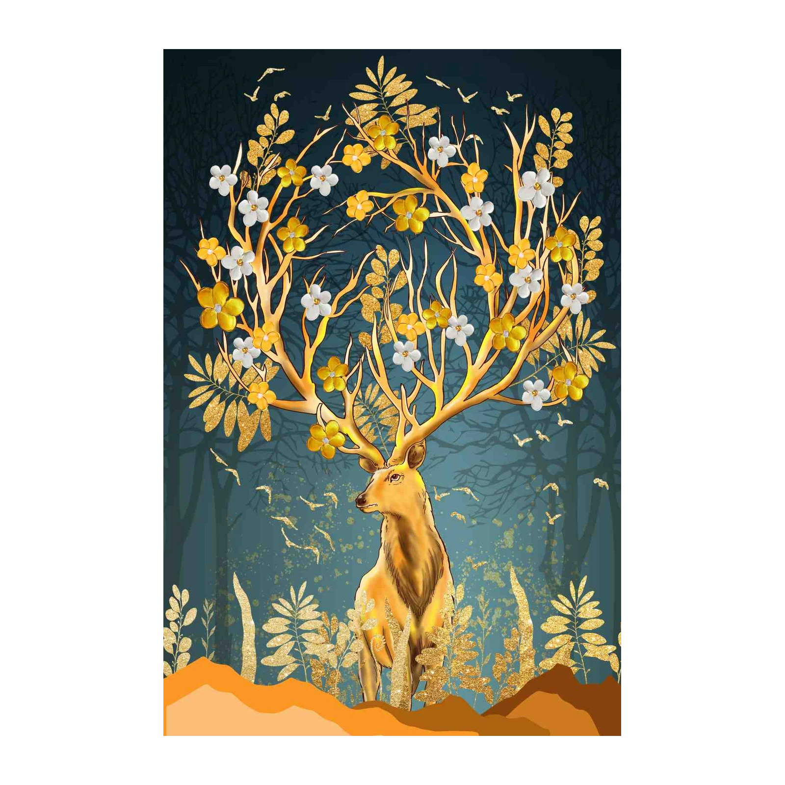 Golden Forest Deer with Flowers Wall Art