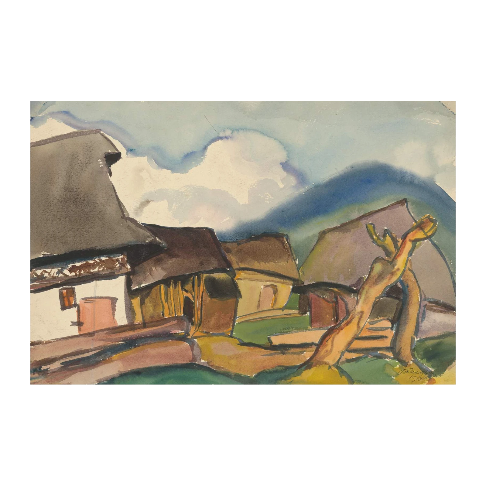 Rustic Village Watercolor Wall Art - Mountain Landscape Art