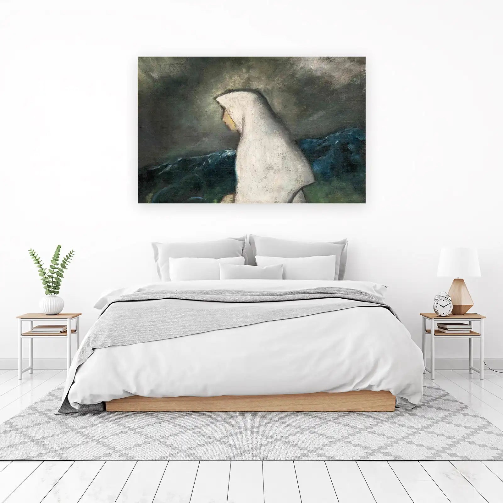 Serene Figure in White Hooded Cloak Wall Art