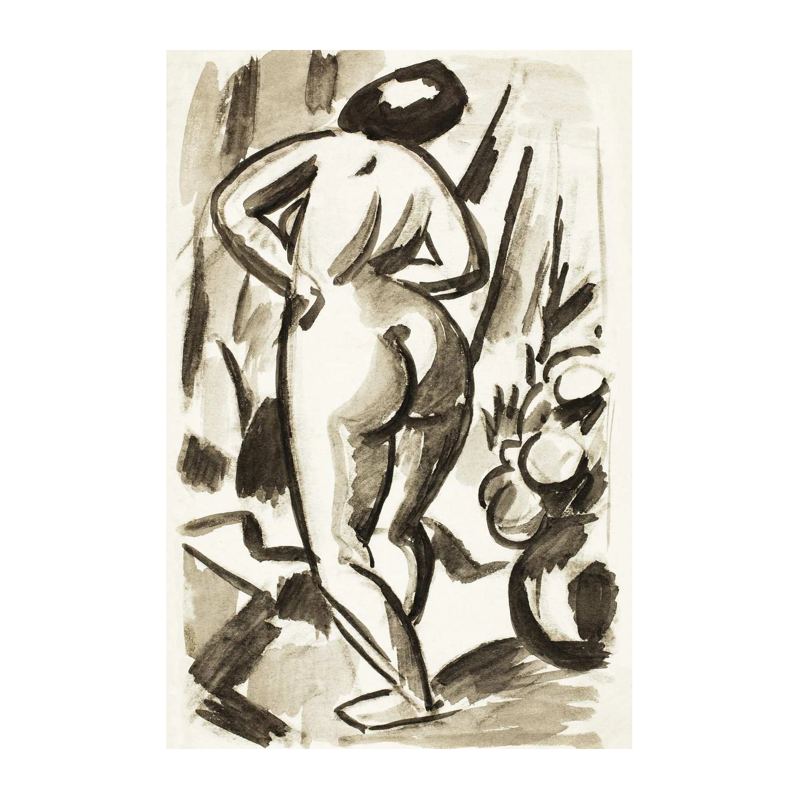Expressive Nude Figure Sepia Watercolor Wall Art