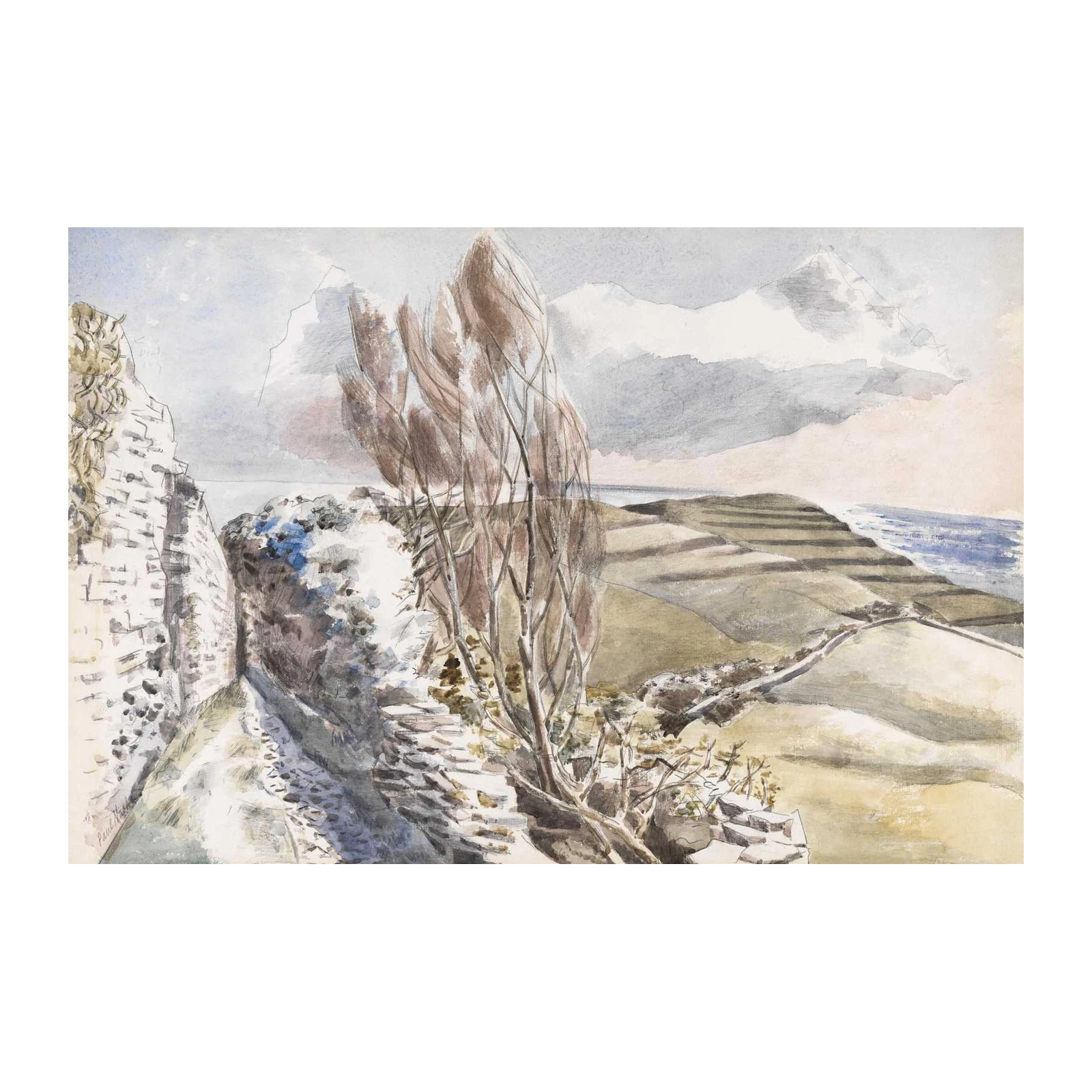 Serene Countryside Landscape Watercolor Wall Art
