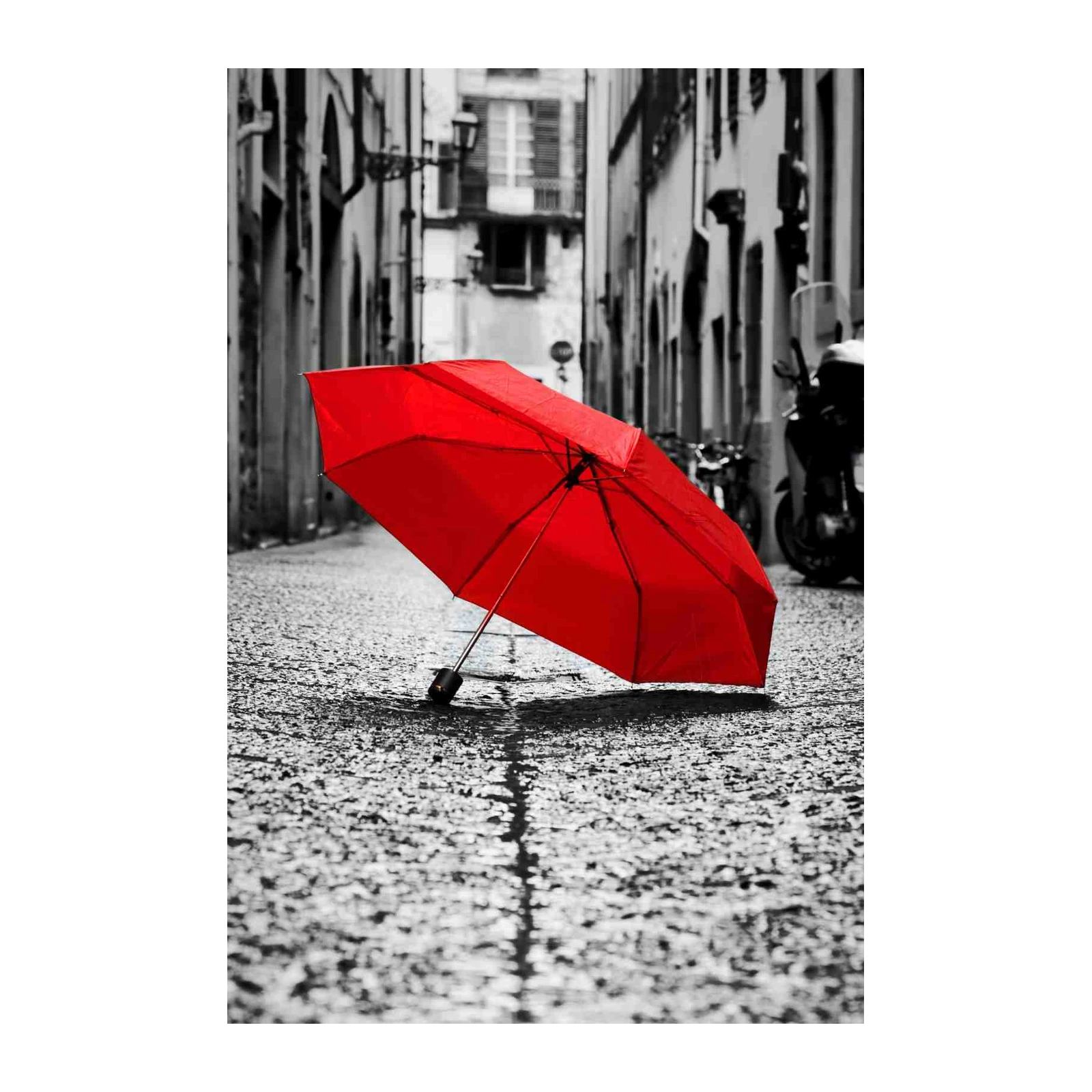 Vibrant Red Umbrella on Cobblestone Street Wall Art