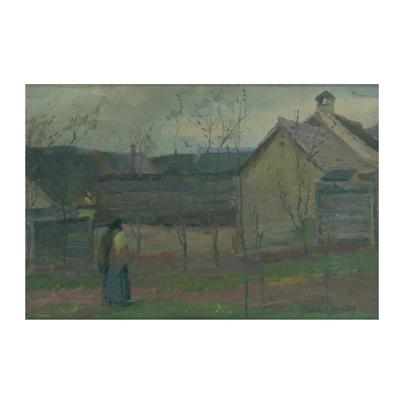 Serene Village Scene with Figures Wall Art