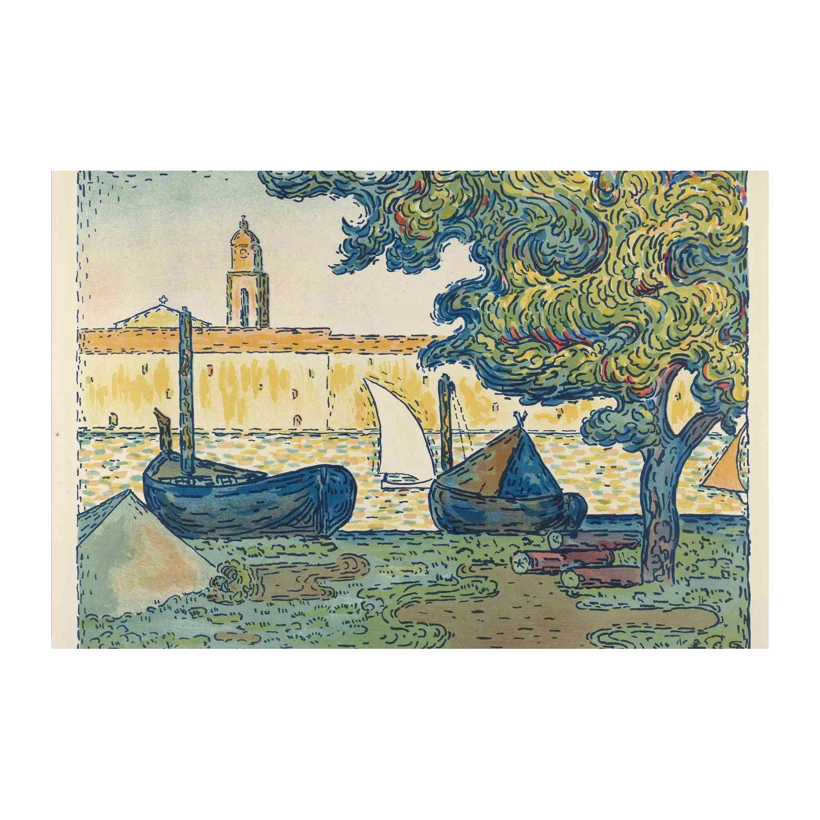 Tranquil Harbor Boats & Tower Wall Art