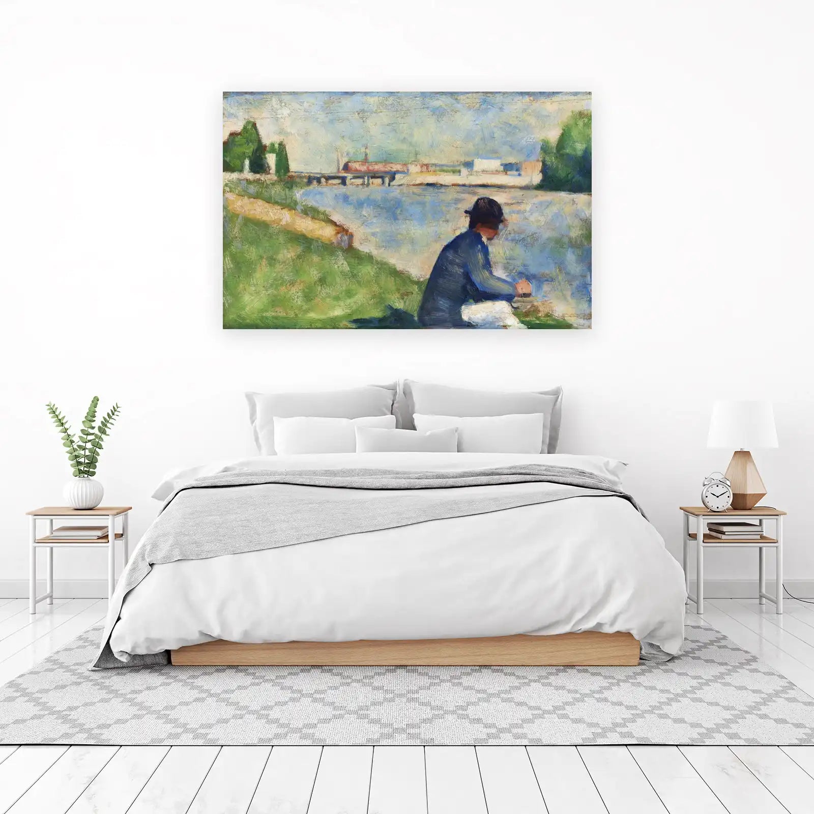 Impressionist River Scene Man Fishing Wall Art