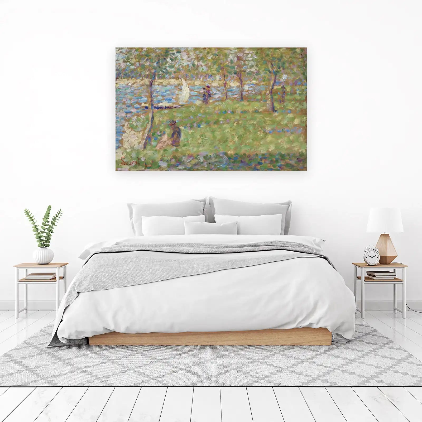 Pointillist River Scene with Sailboat Wall Art