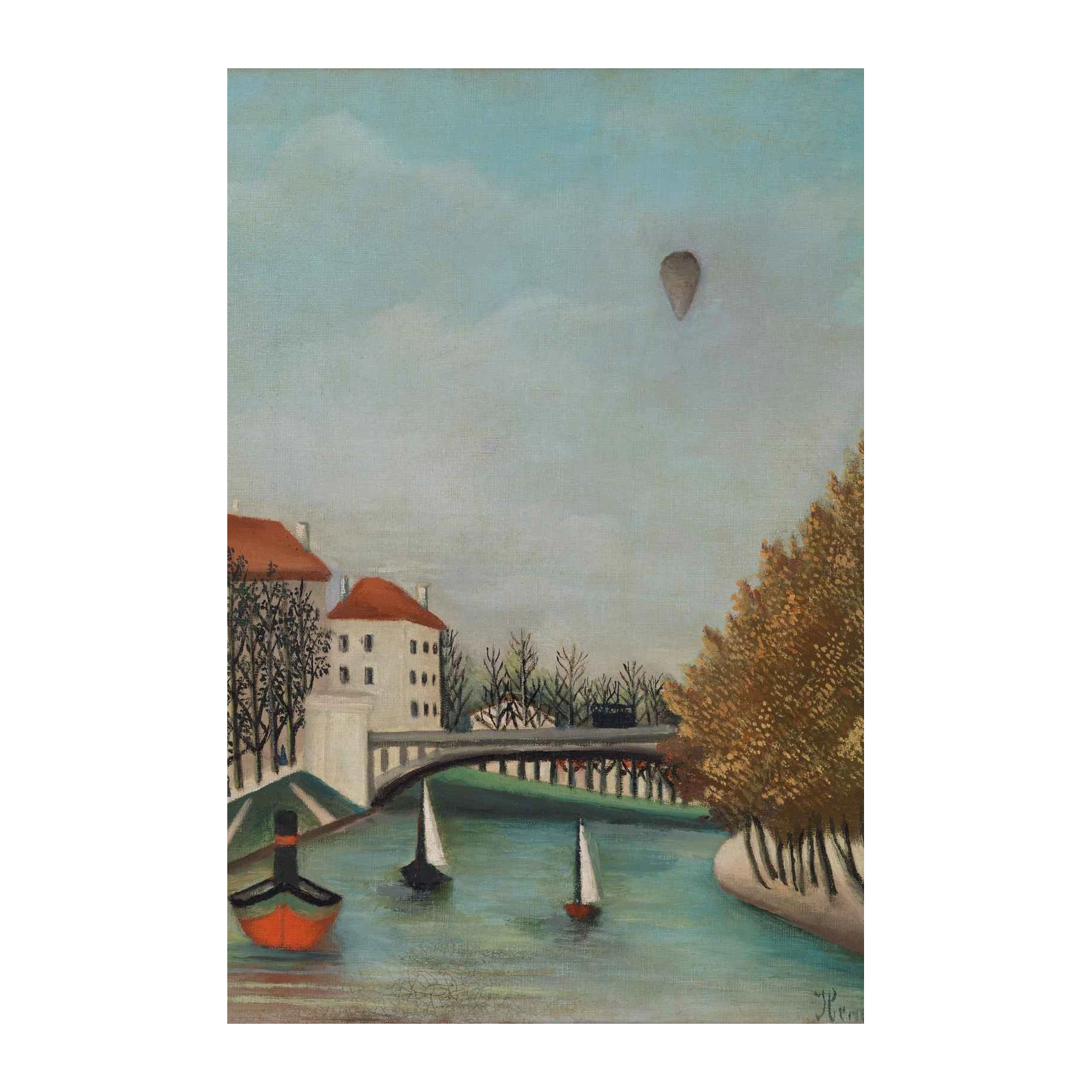 Vintage River Scene with Hot Air Balloon Wall Art