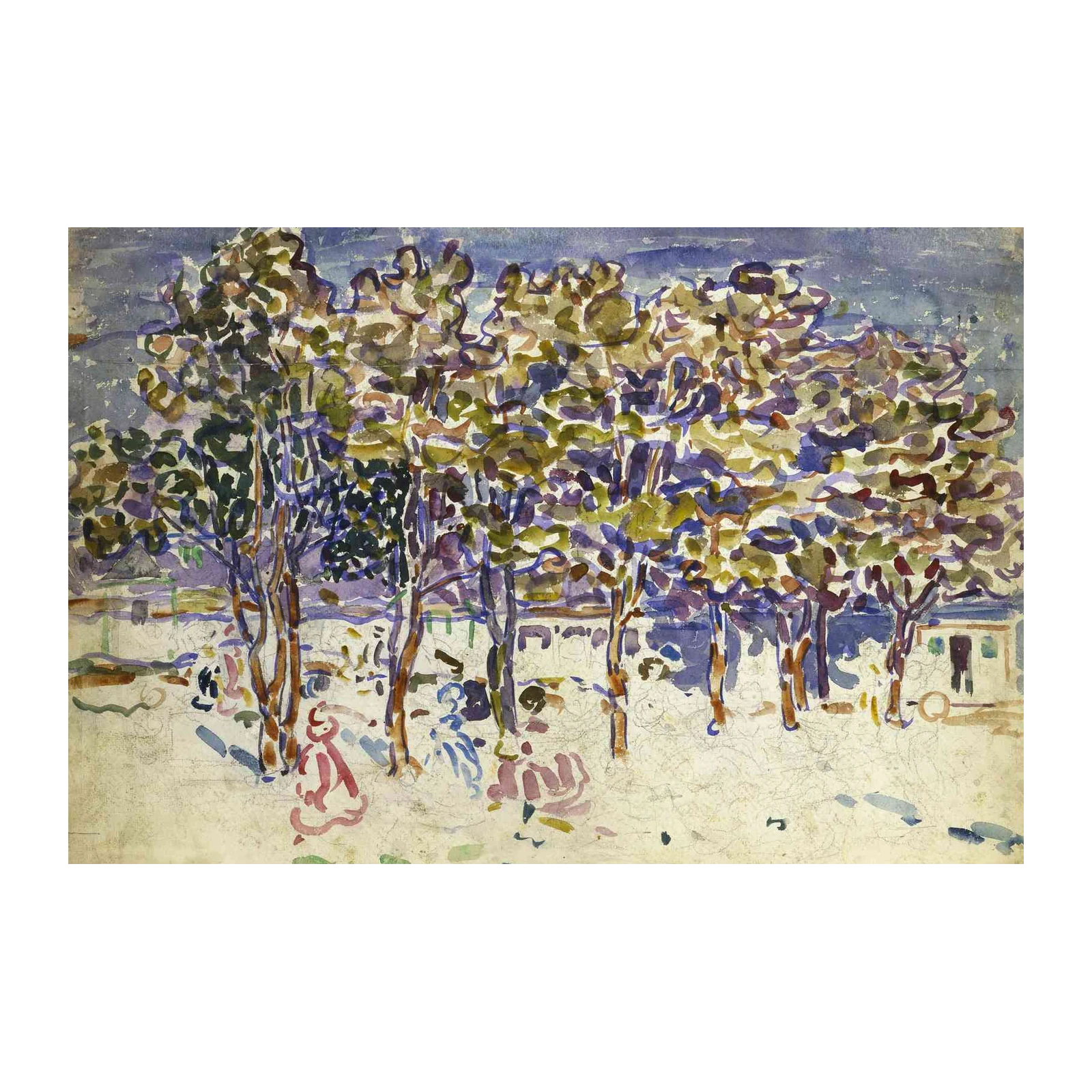 Vibrant Trees & Figures Watercolor Wall Art