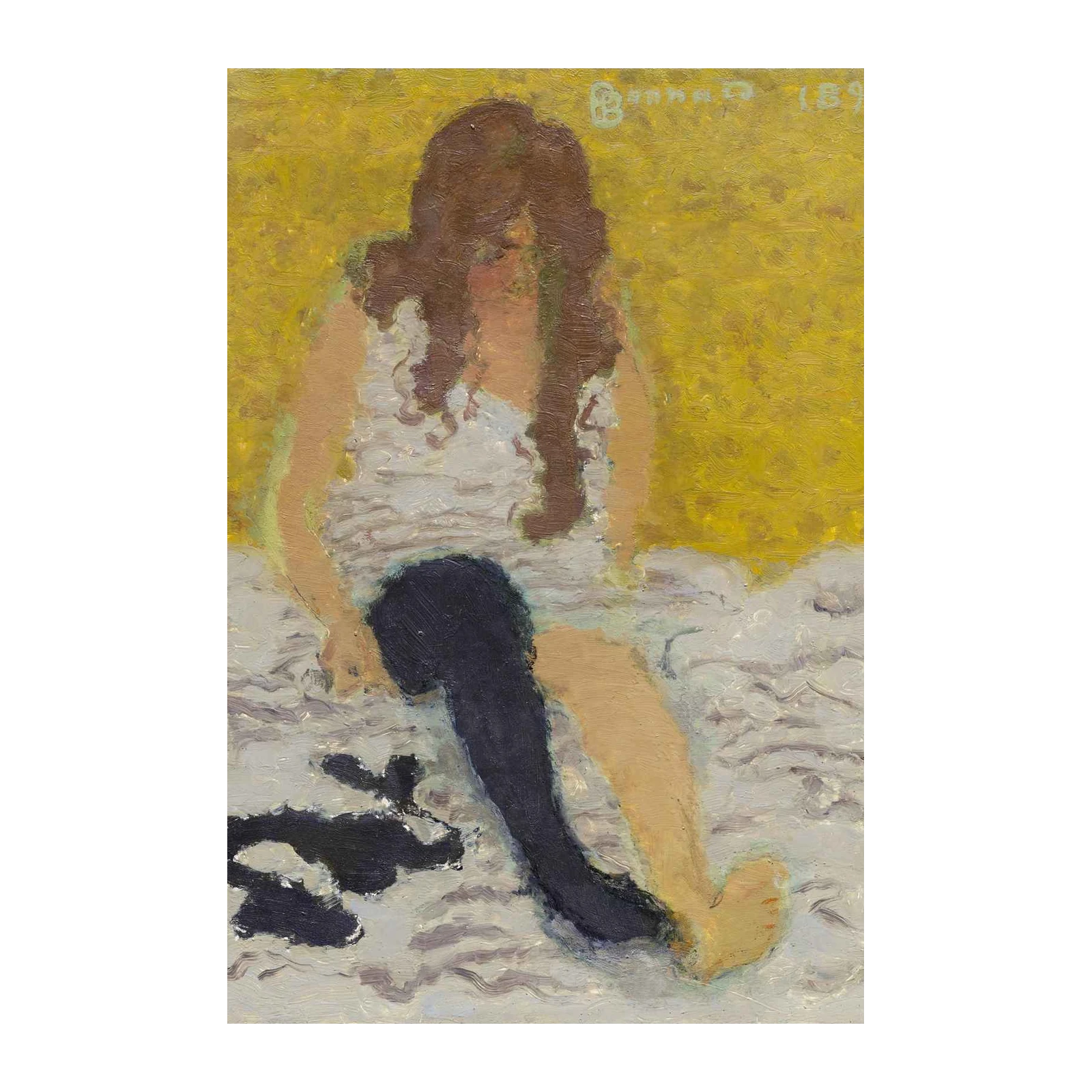 Vintage Woman Sitting Yellow Wall Art
